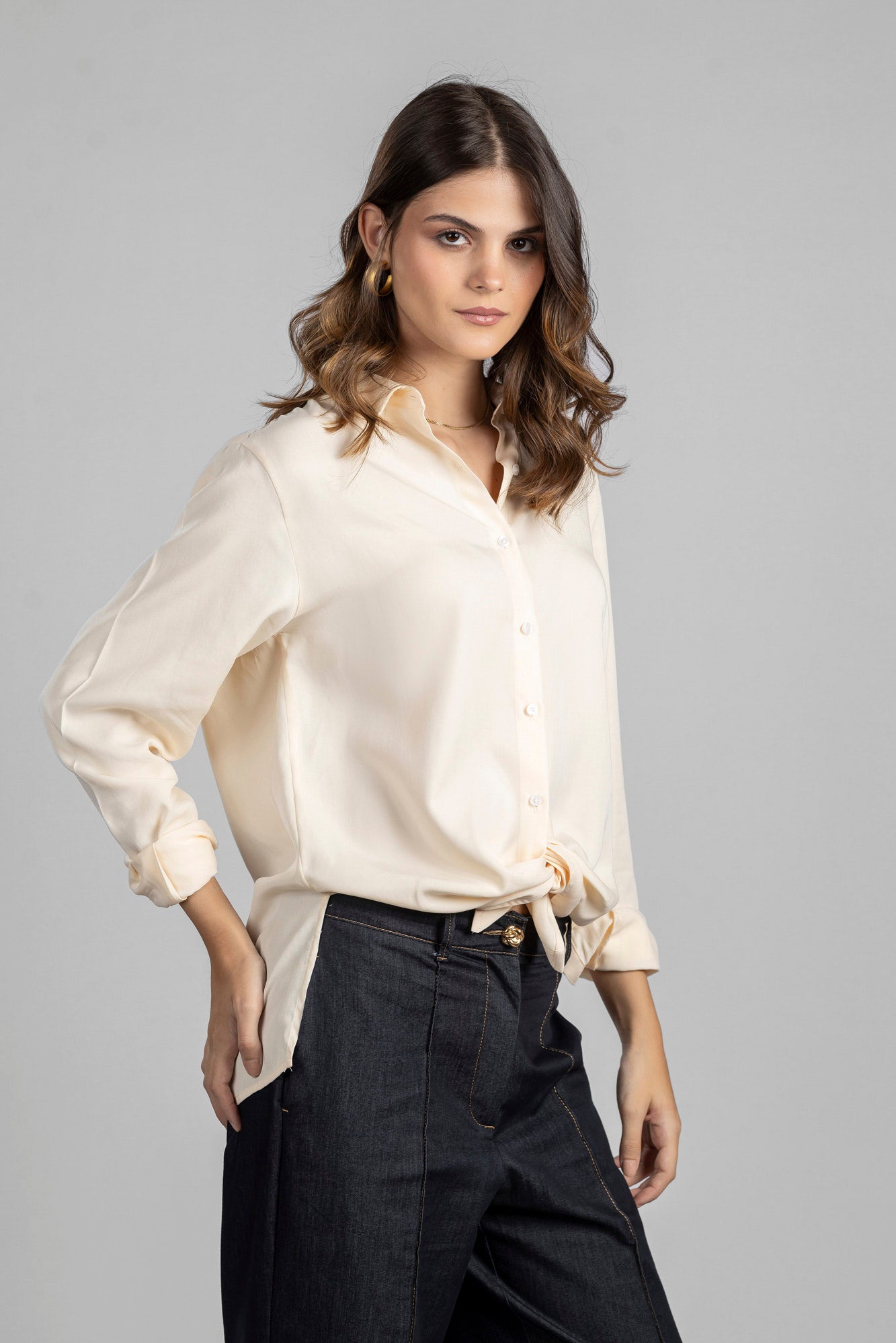 Cream Tencel Regular Fit Shirt
