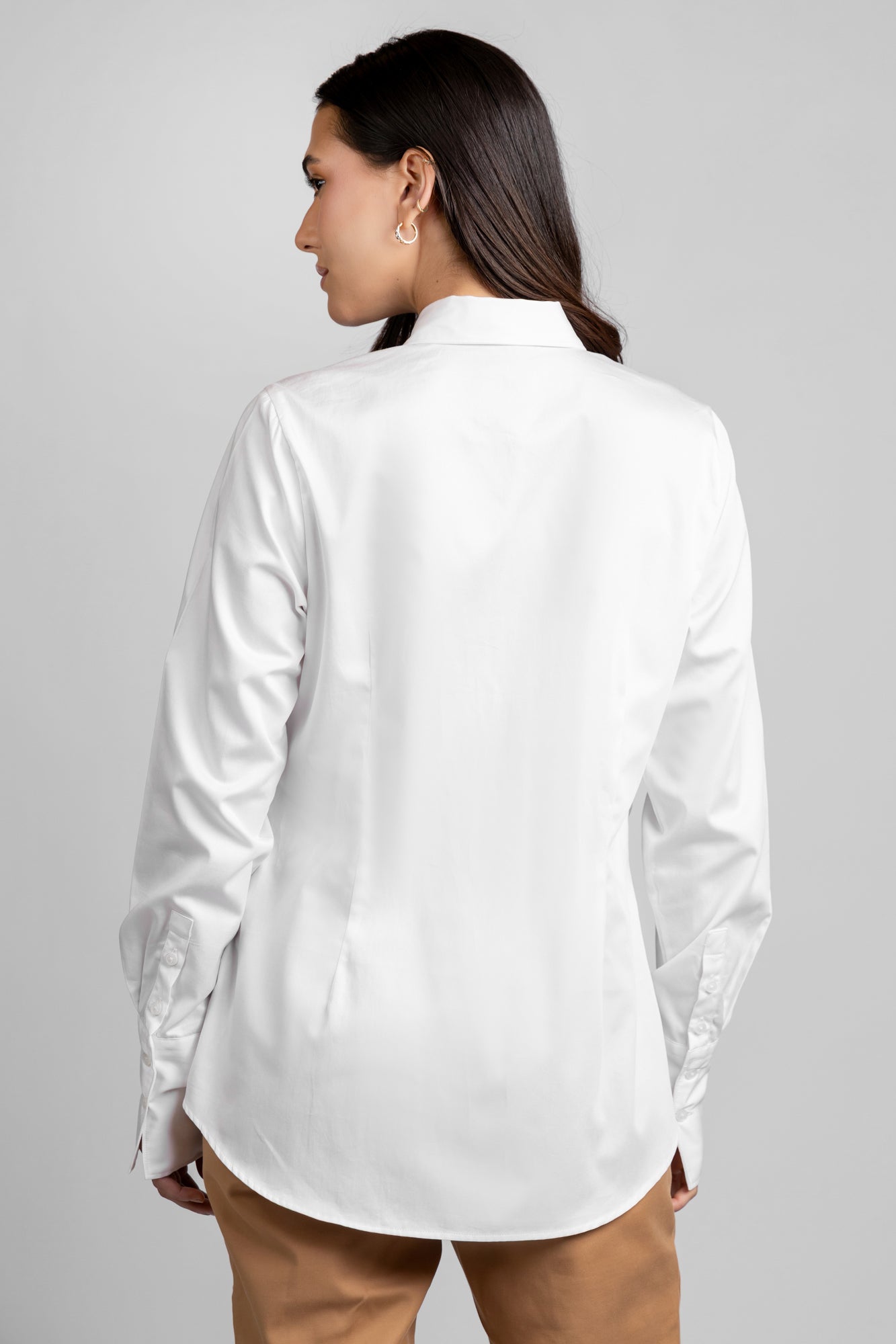 White Poplin Gathered Placket Stretch Shirt