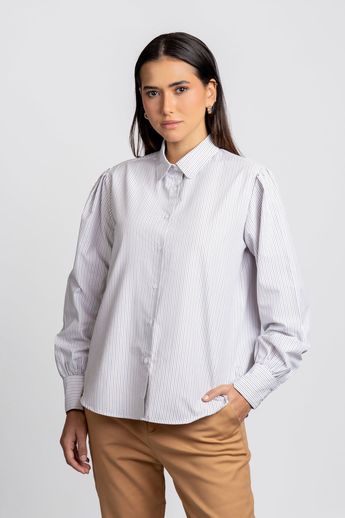 Striped Poplin Puff Sleeve Shirt
