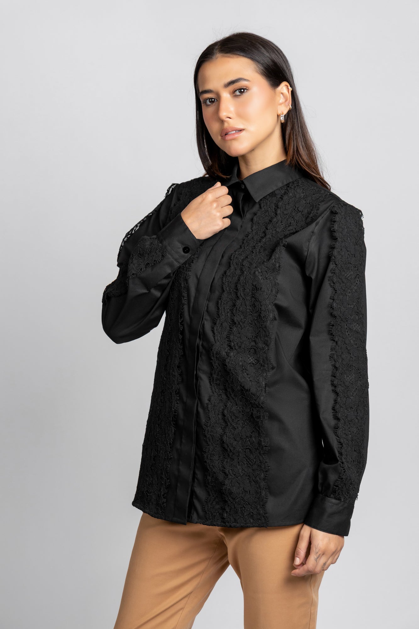 Black Poplin Lace Shirt