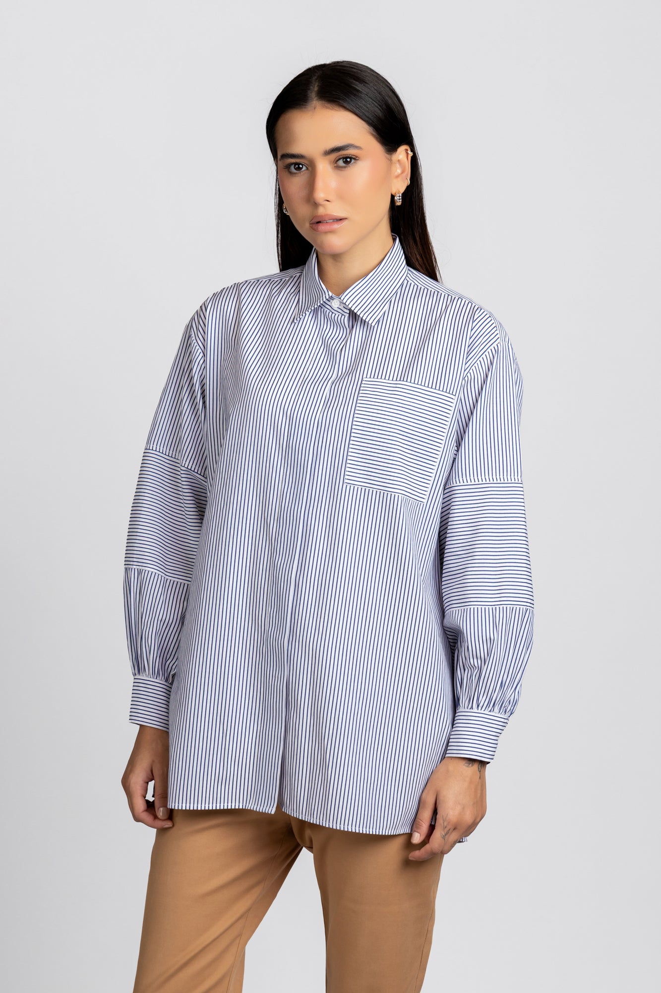 Blue Striped Sleeve Patch Shirt