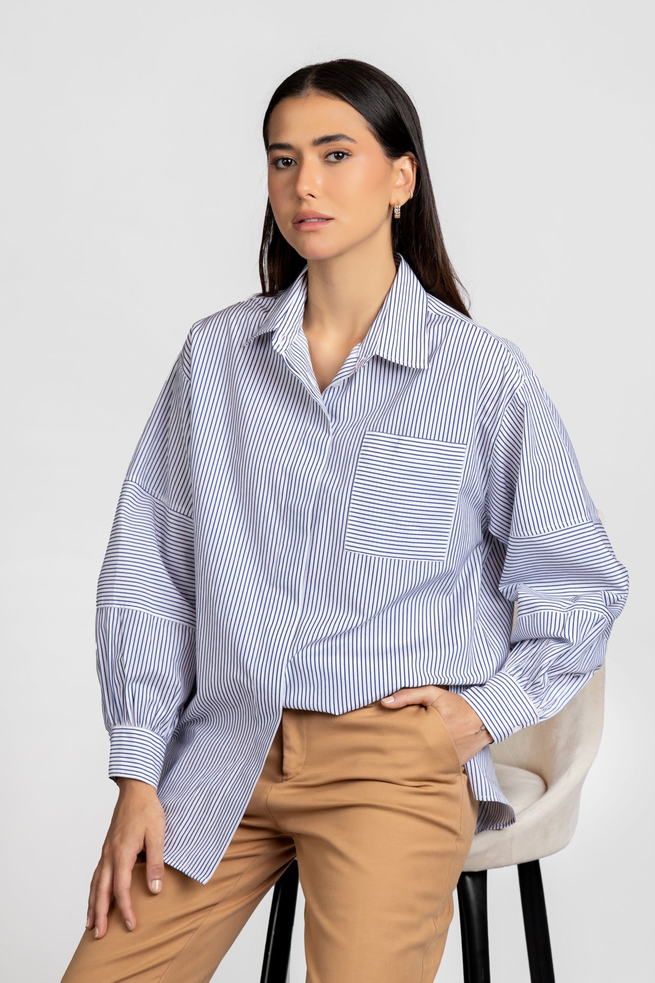 Blue Striped Sleeve Patch Shirt