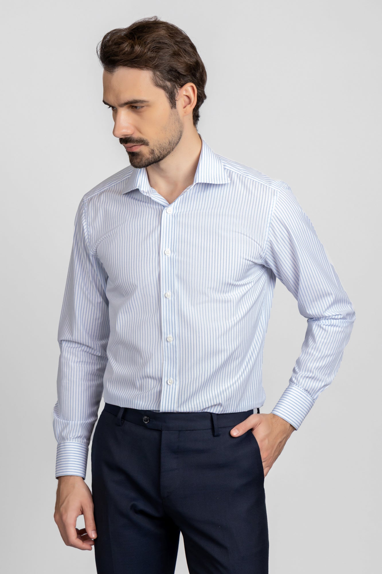 Light Blue Striped Poplin Shirt - Regular Fit