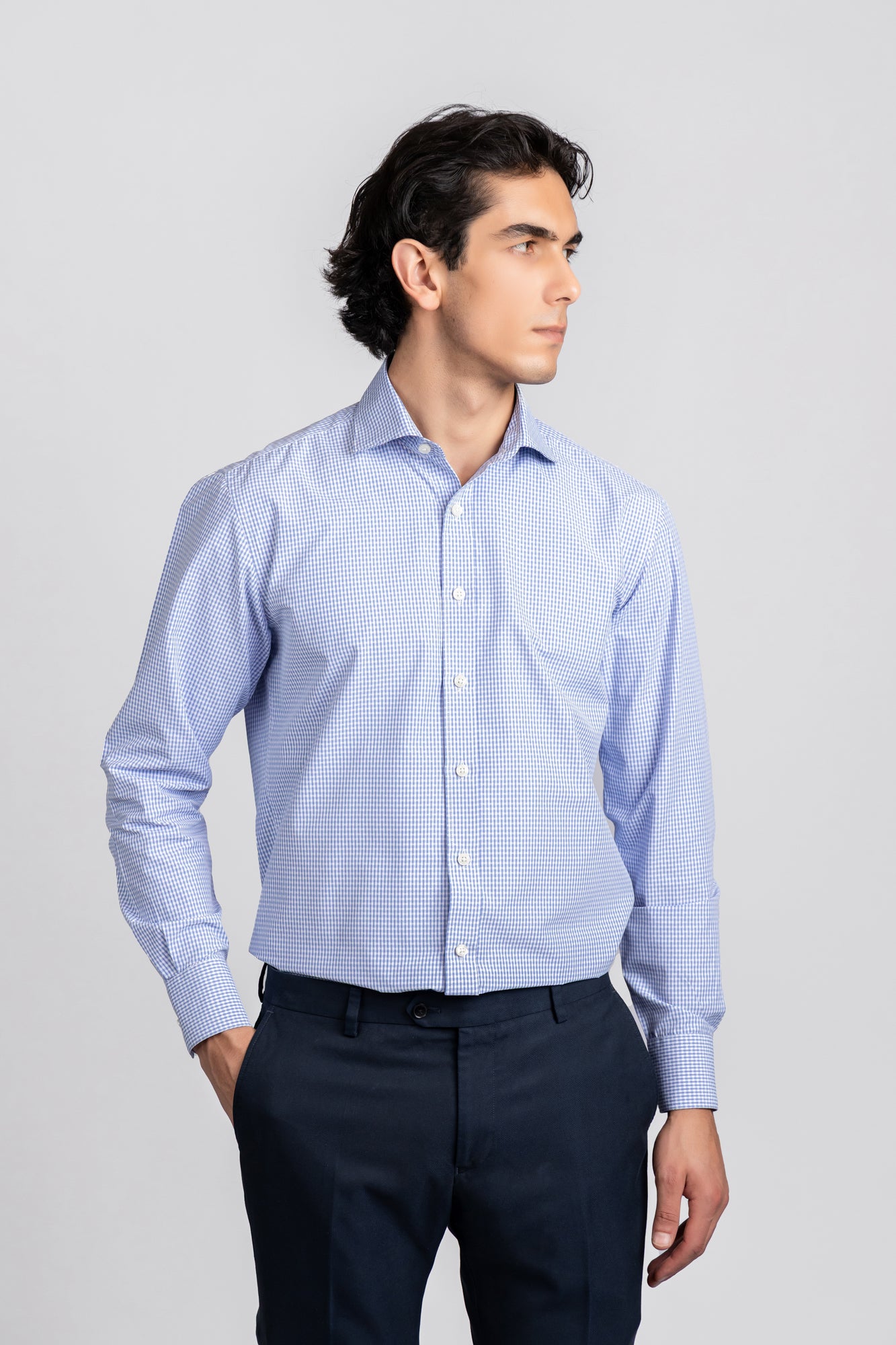 Light Blue Dobby Check Shirt