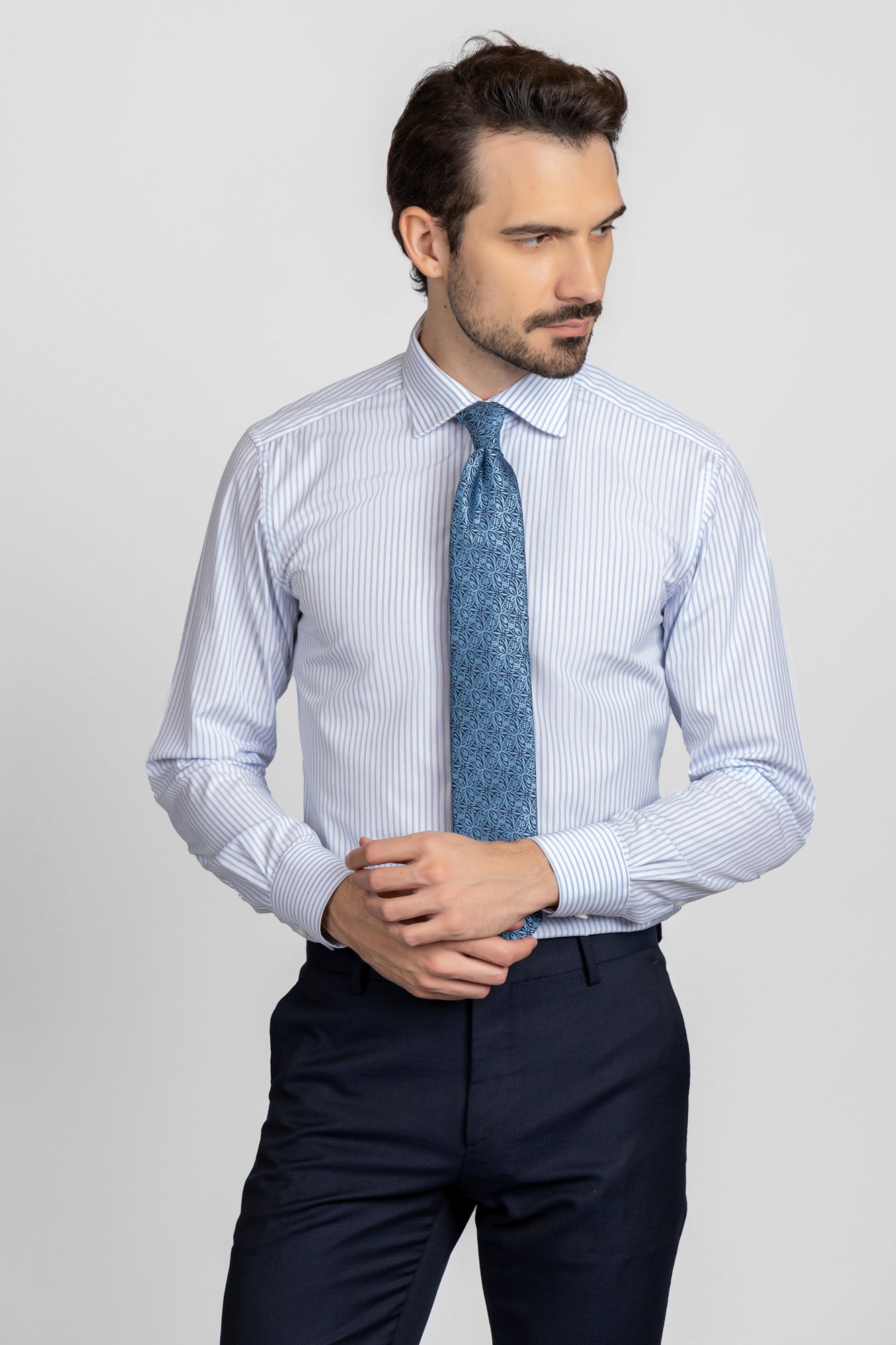 Light Blue Striped Poplin Shirt - Regular Fit