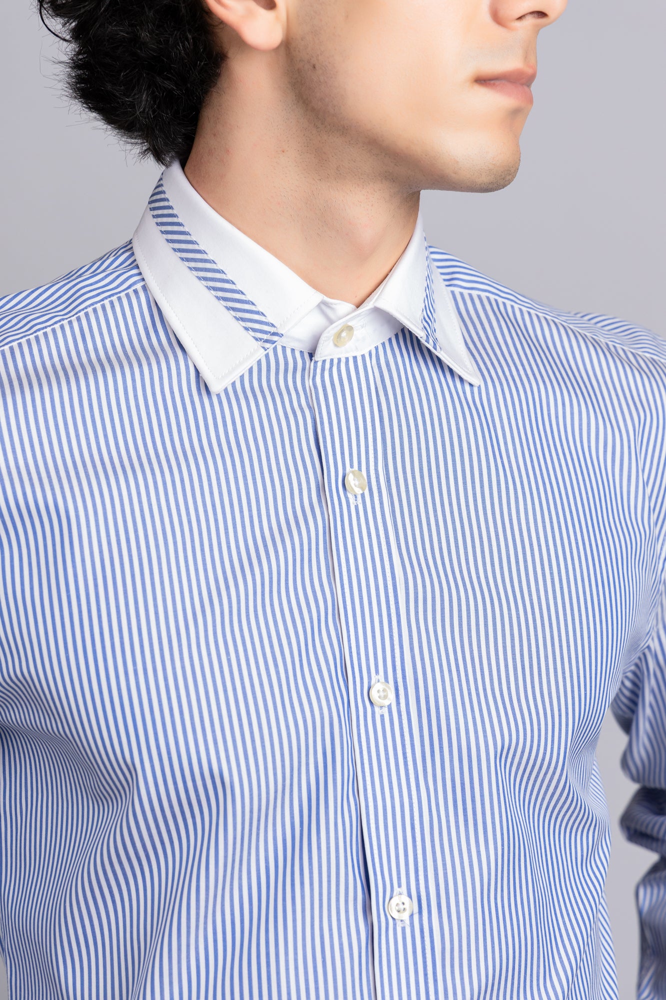 Blue Striped Contrast Patch-Work Shirt - Regular Fit