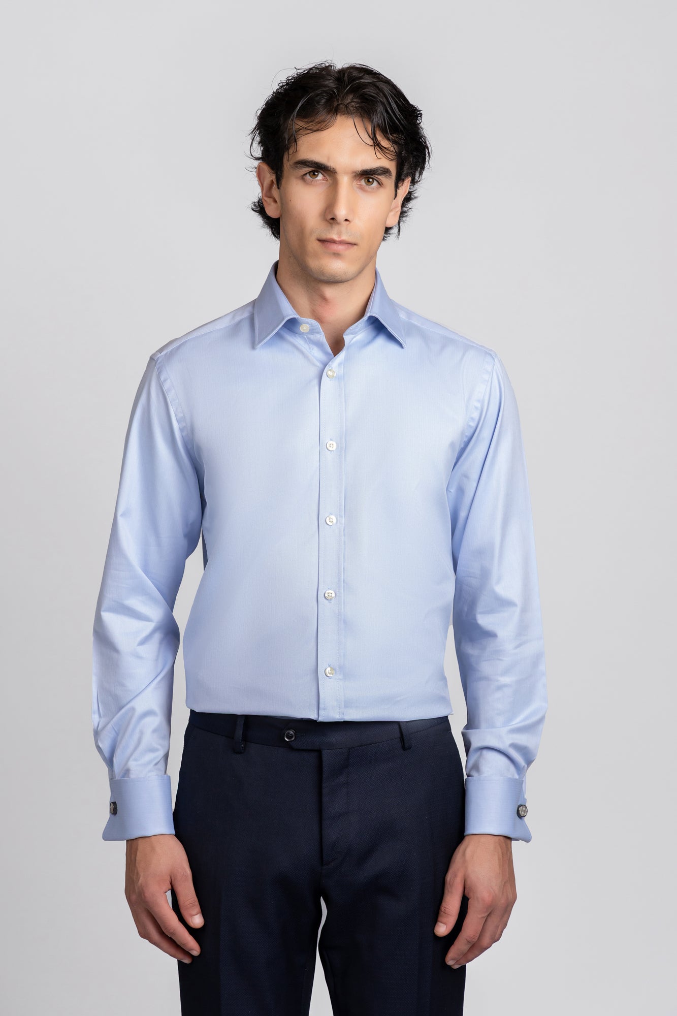 Light Blue Herringbone Double Cuff Non-Iron Shirt - Regular Fit