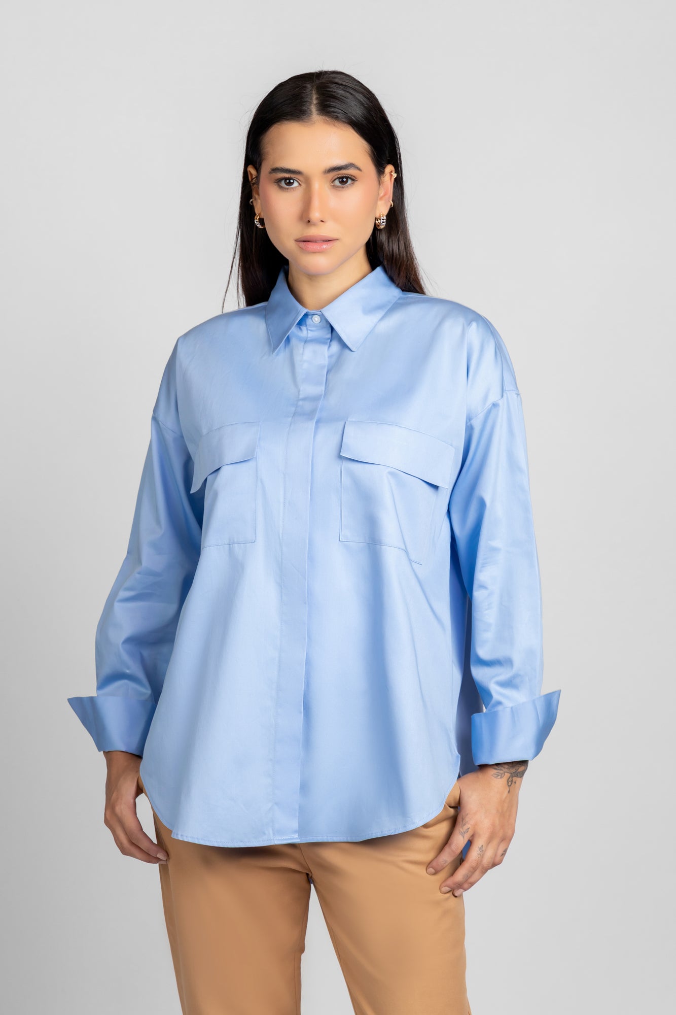 Light Blue Twill Shirt with Flap Pockets