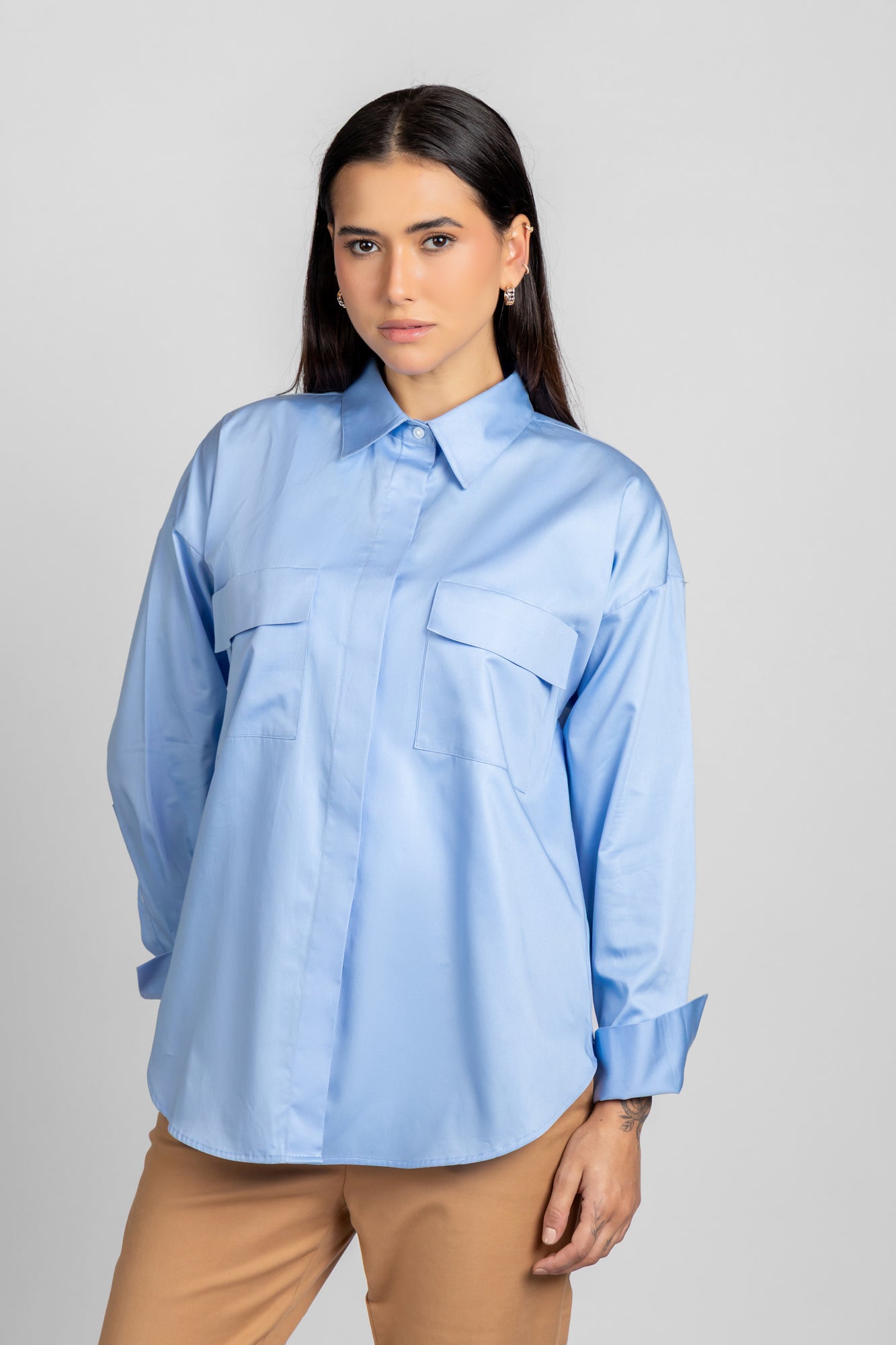 Light Blue Twill Shirt with Flap Pockets