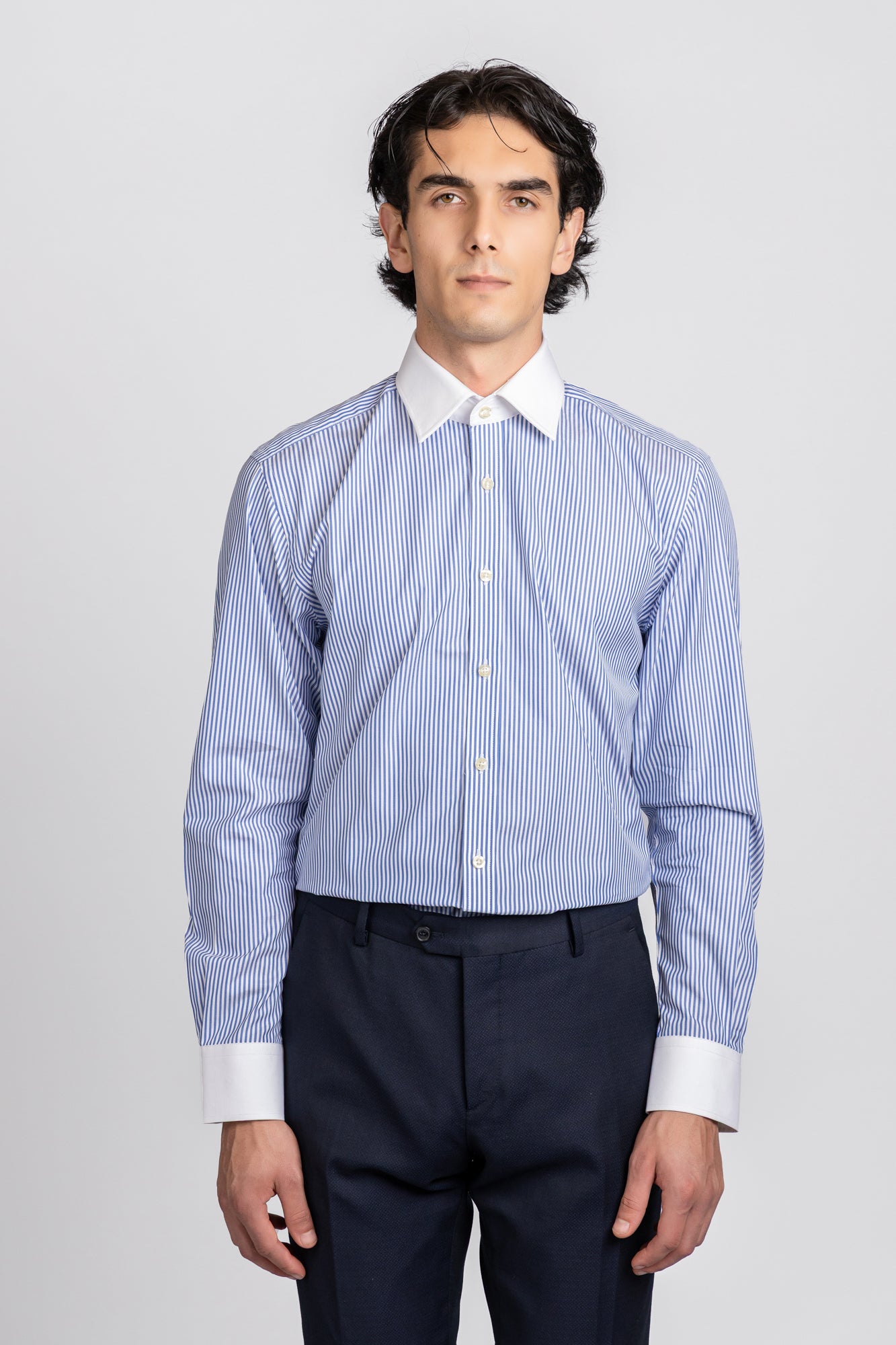 Blue Striped Poplin Contrast Shirt - Regular Fit