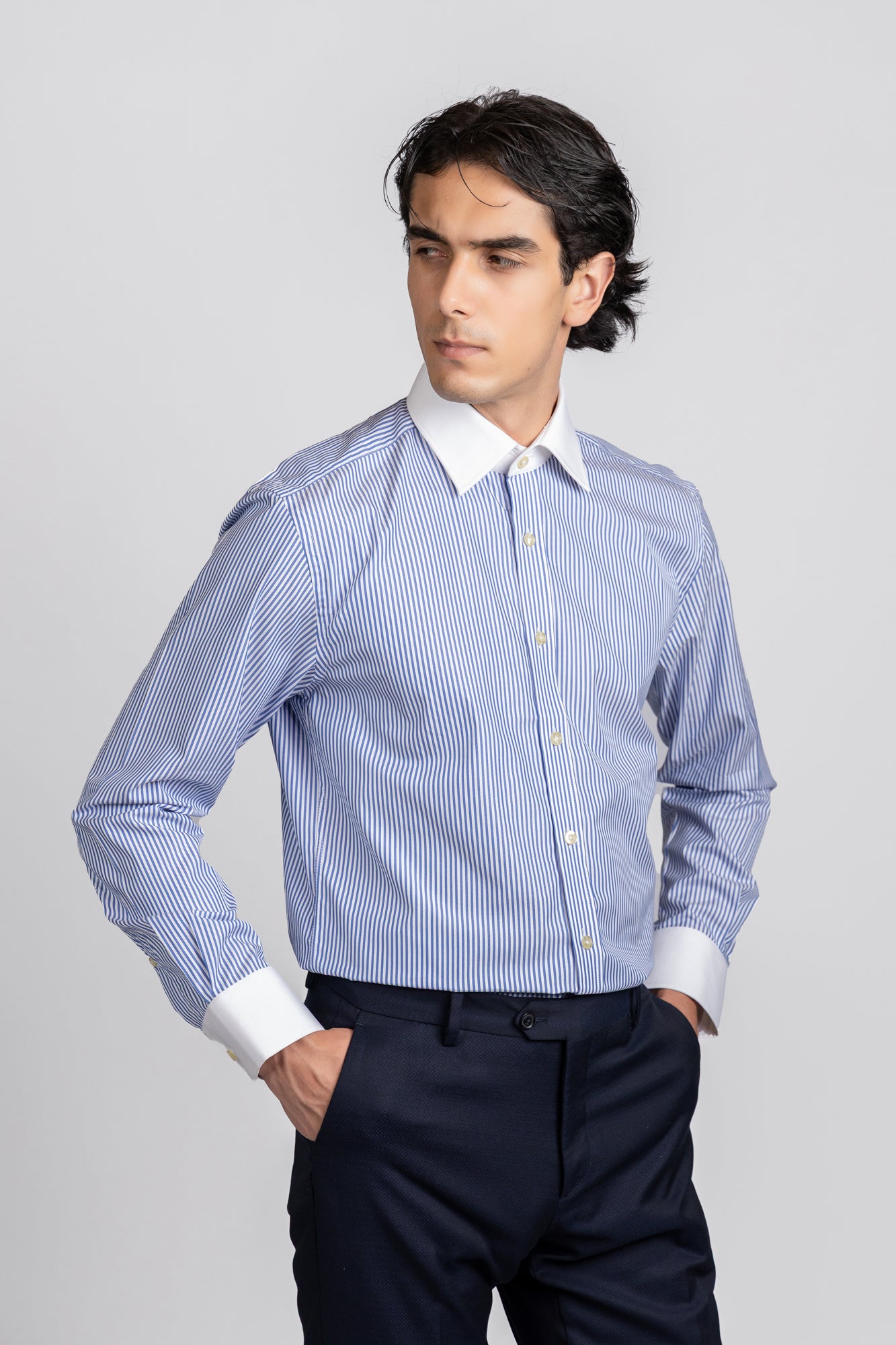 Blue Striped Poplin Contrast Shirt - Regular Fit