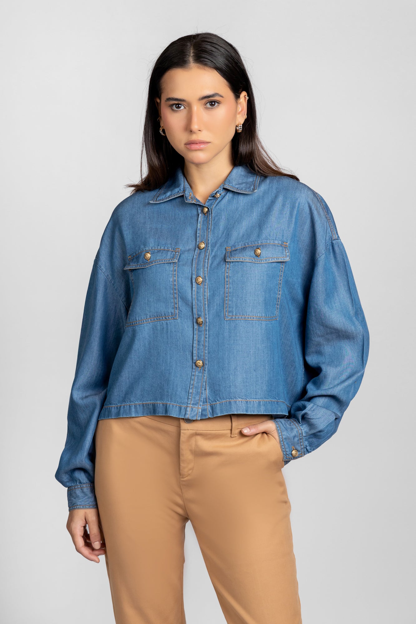 Medium Blue Denim Tencel Shirt with Flap Pockets