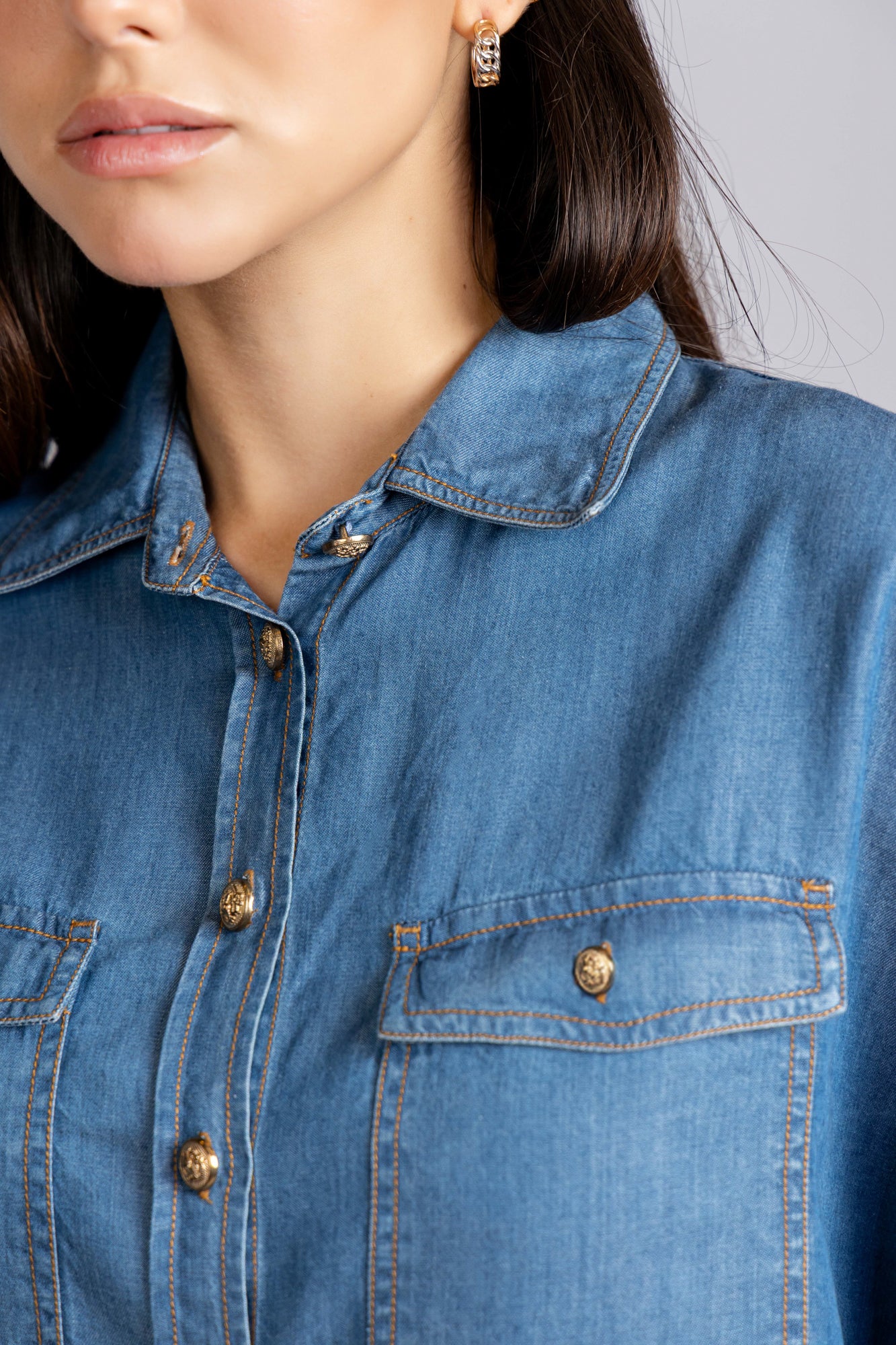 Medium Blue Denim Tencel Shirt with Flap Pockets