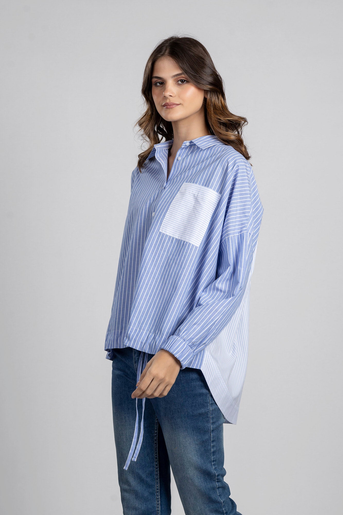 Light Blue Striped Patchwork Hem Tie Shirt