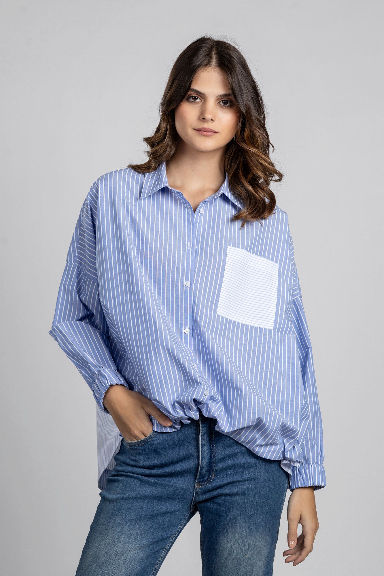 Light Blue Striped Patchwork Hem Tie Shirt