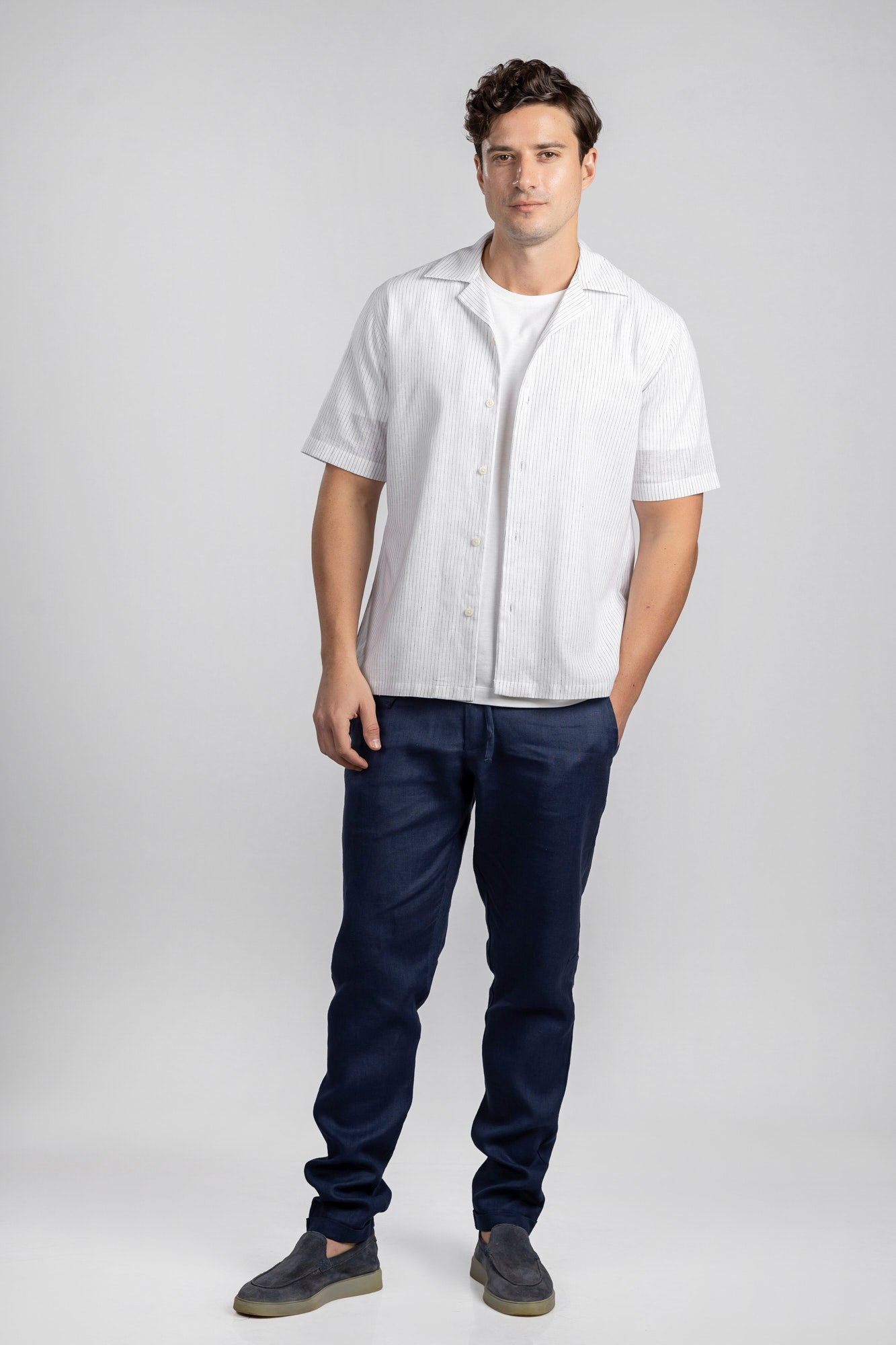 White Pin Stripe Linen Cotton Revere Shirt