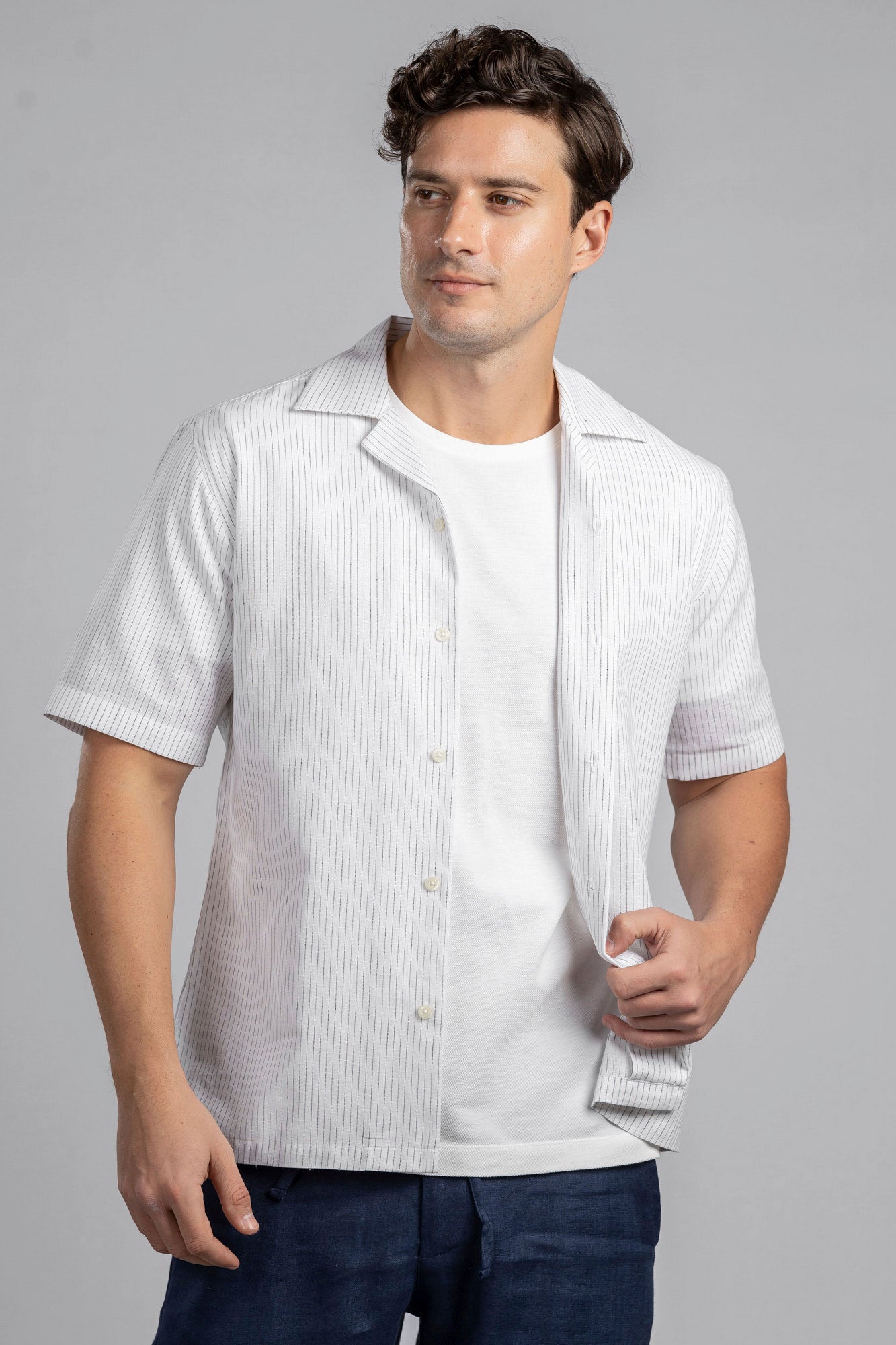 White Pin Stripe Linen Cotton Revere Shirt
