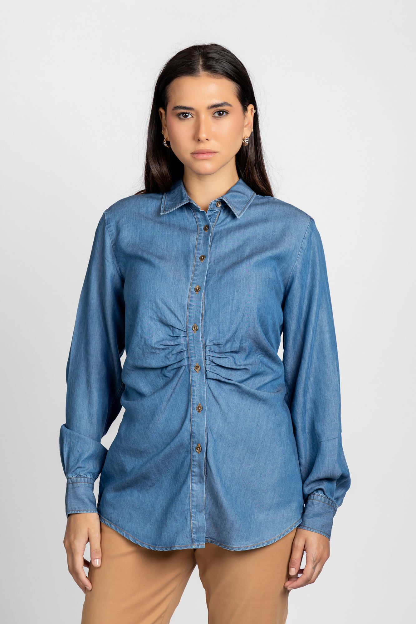 Medium Blue Denim Tencel Gathered Placket Shirt