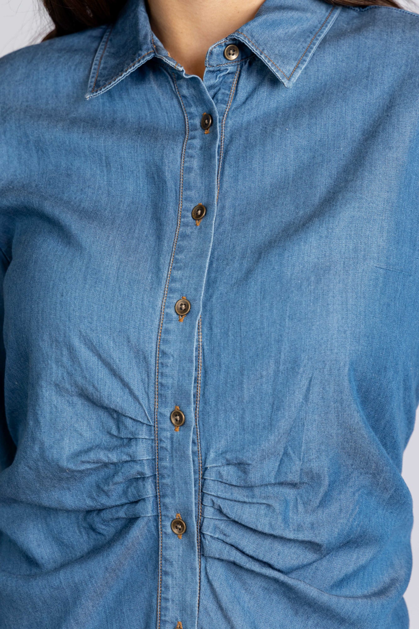 Medium Blue Denim Tencel Gathered Placket Shirt