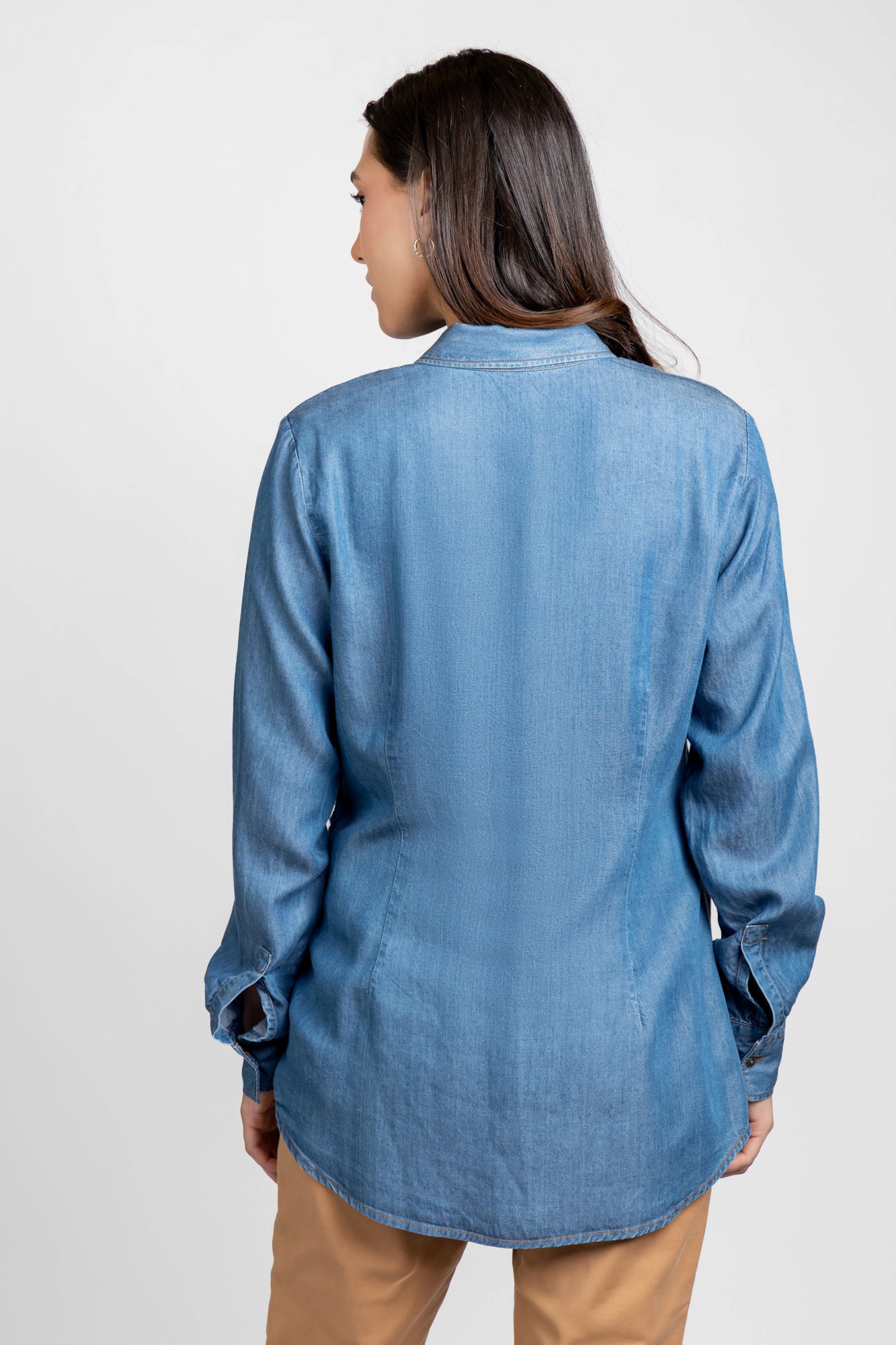 Medium Blue Denim Tencel Gathered Placket Shirt