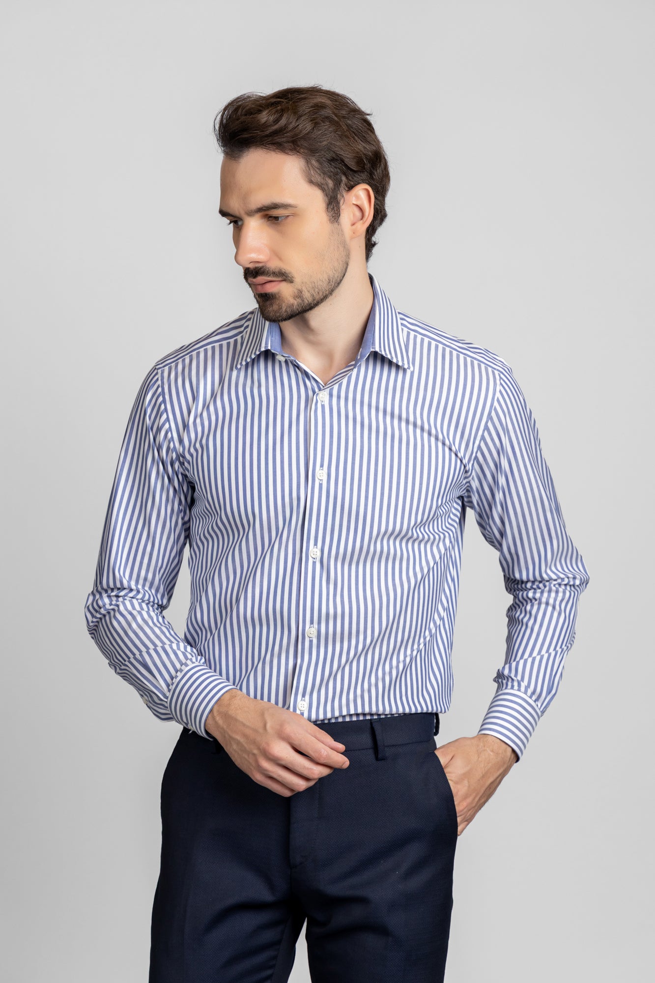 Navy Striped Poplin Shirt - Regular Fit