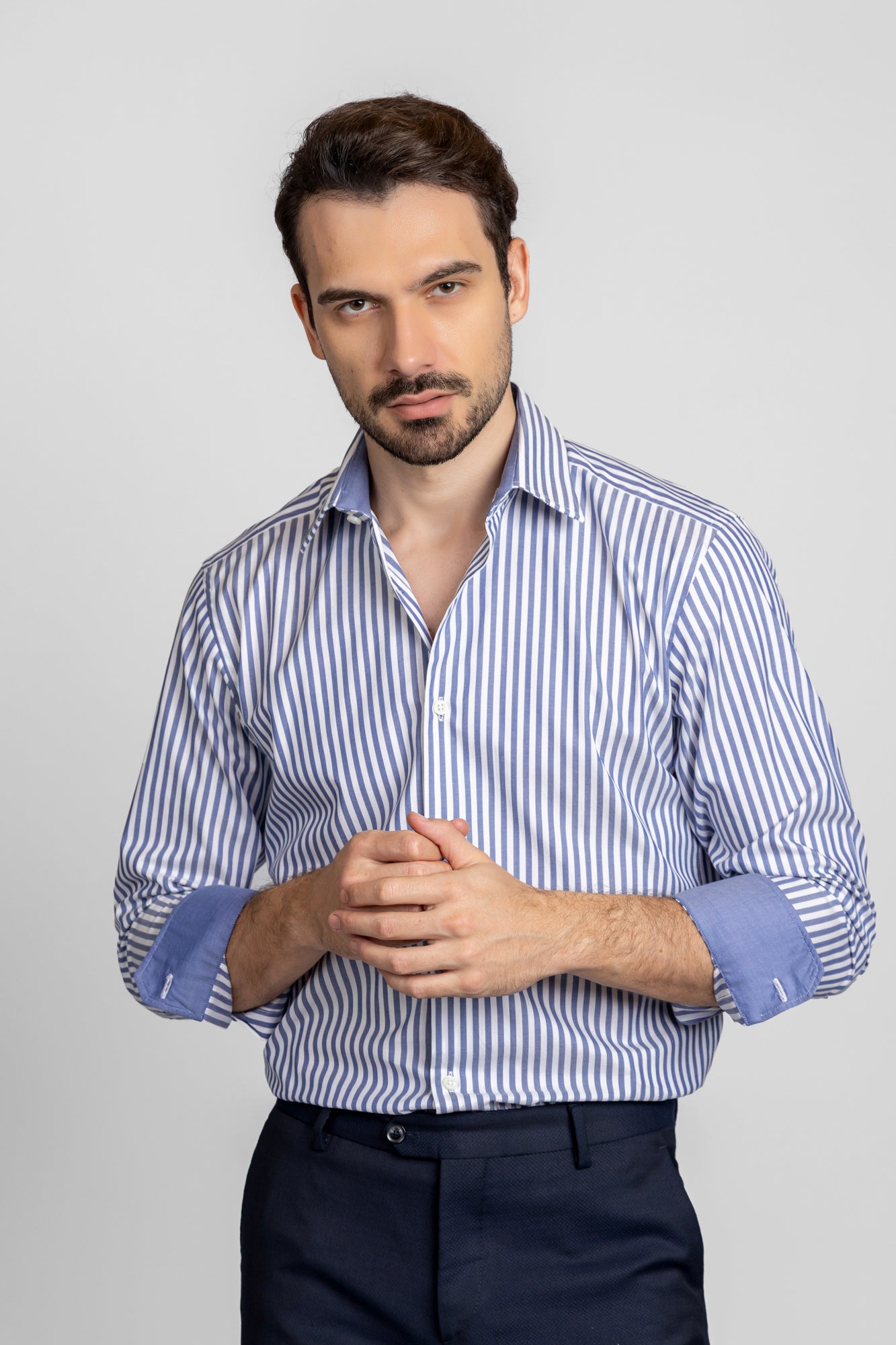 Navy Striped Poplin Shirt - Regular Fit