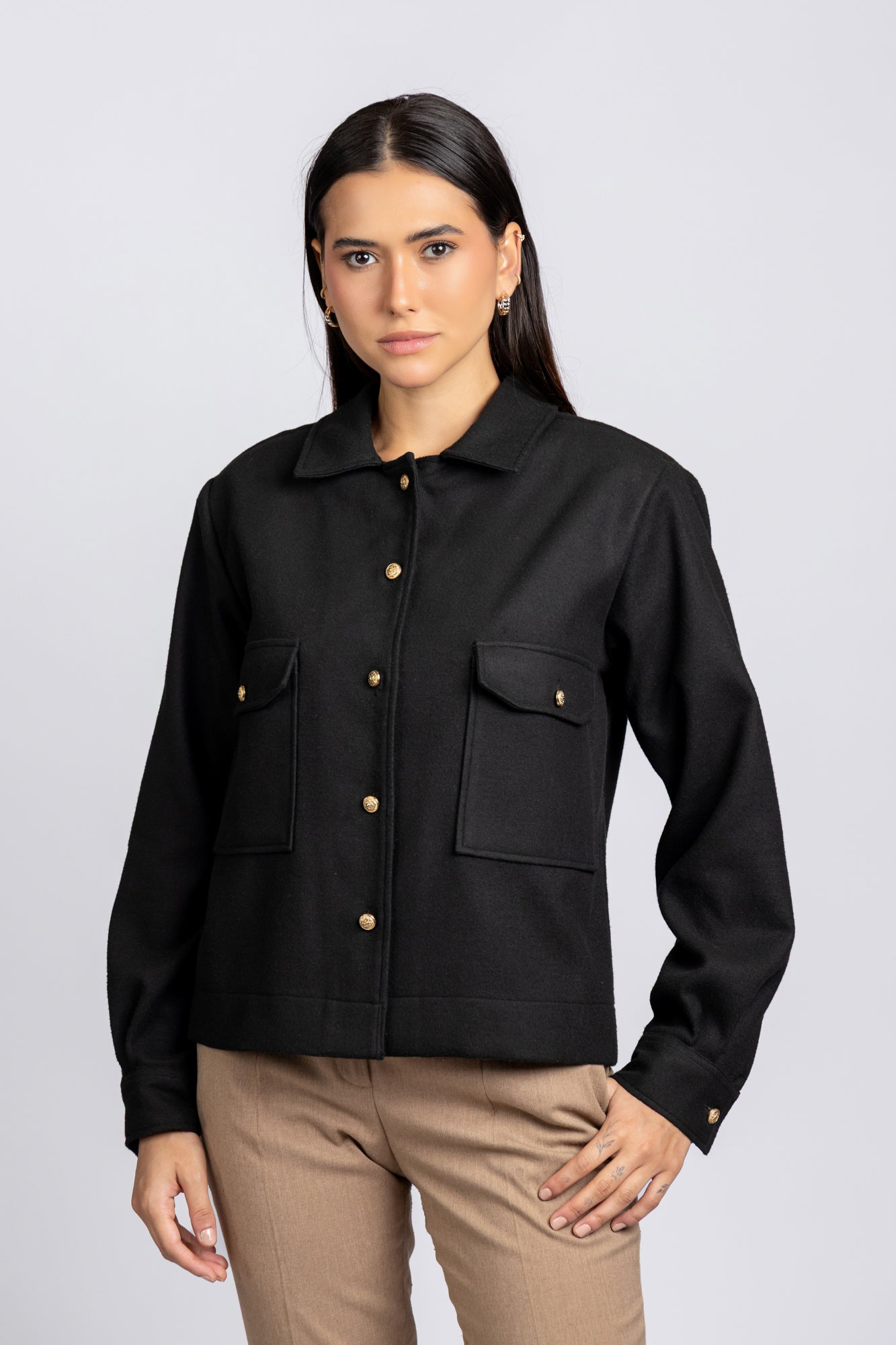 Brushed Overshirt with Flap Pockets Black