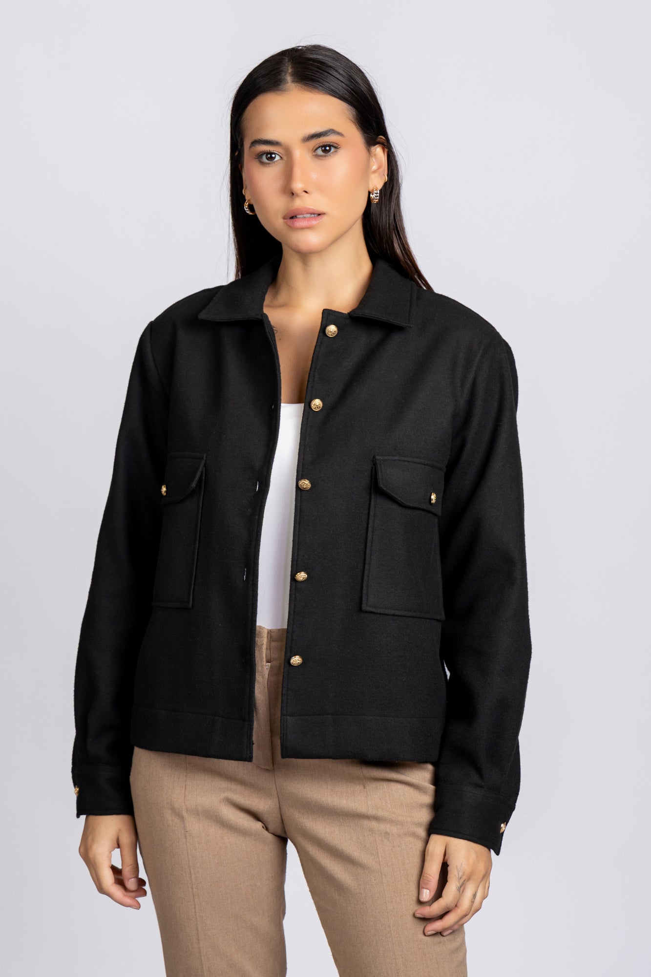 Brushed Overshirt with Flap Pockets Black