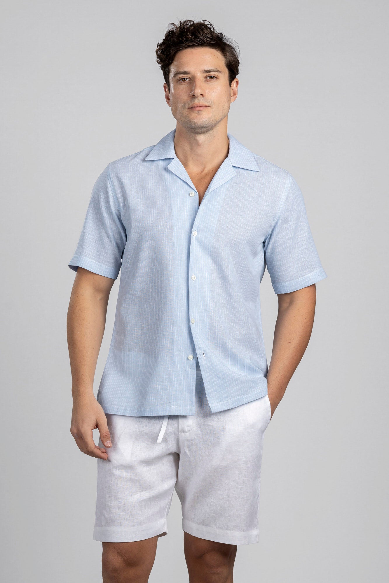 White Pin Stripe Linen Cotton Revere Shirt