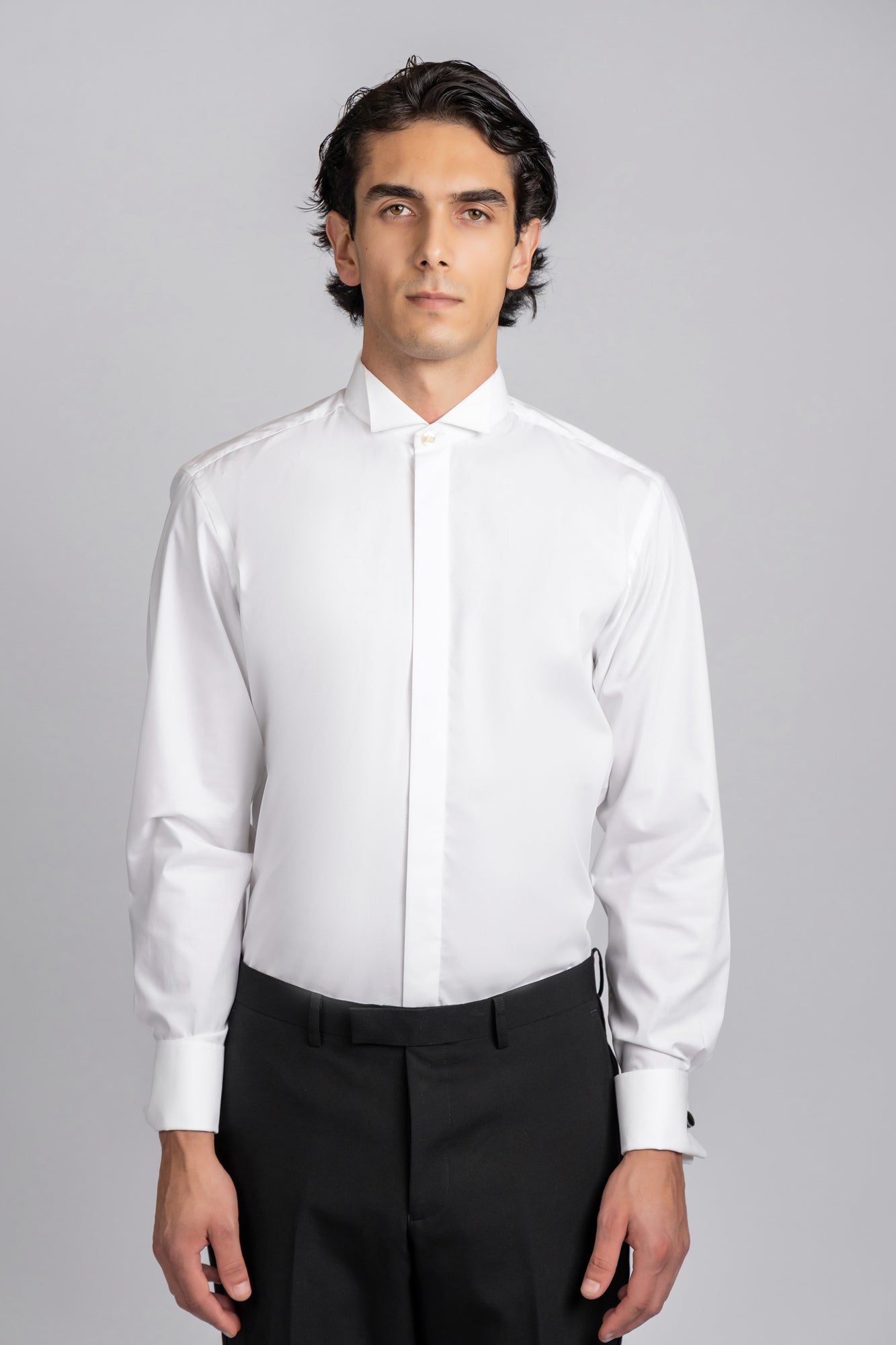 White Hidden Placket Tuxedo Stretch Shirt - Regular Fit