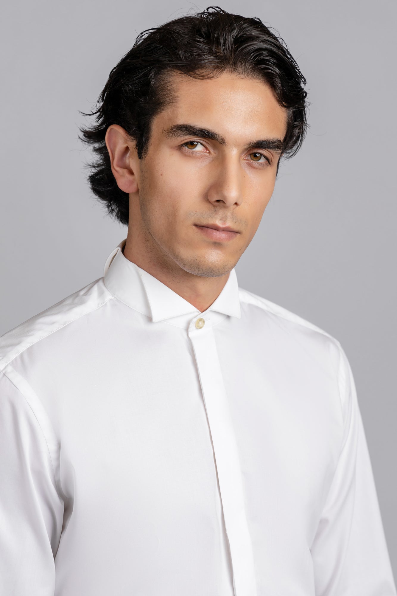 White Hidden Placket Tuxedo Stretch Shirt - Regular Fit