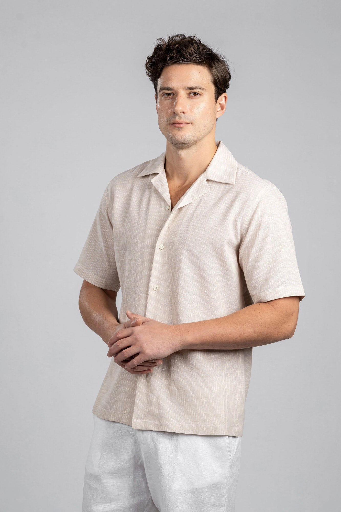 White Pin Stripe Linen Cotton Revere Shirt