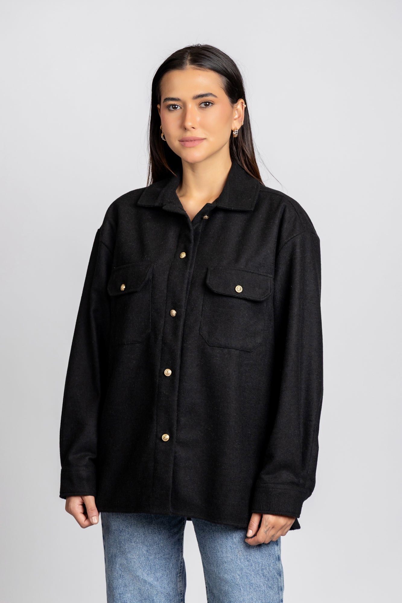 Brushed Overshirt with Flap Pockets Black