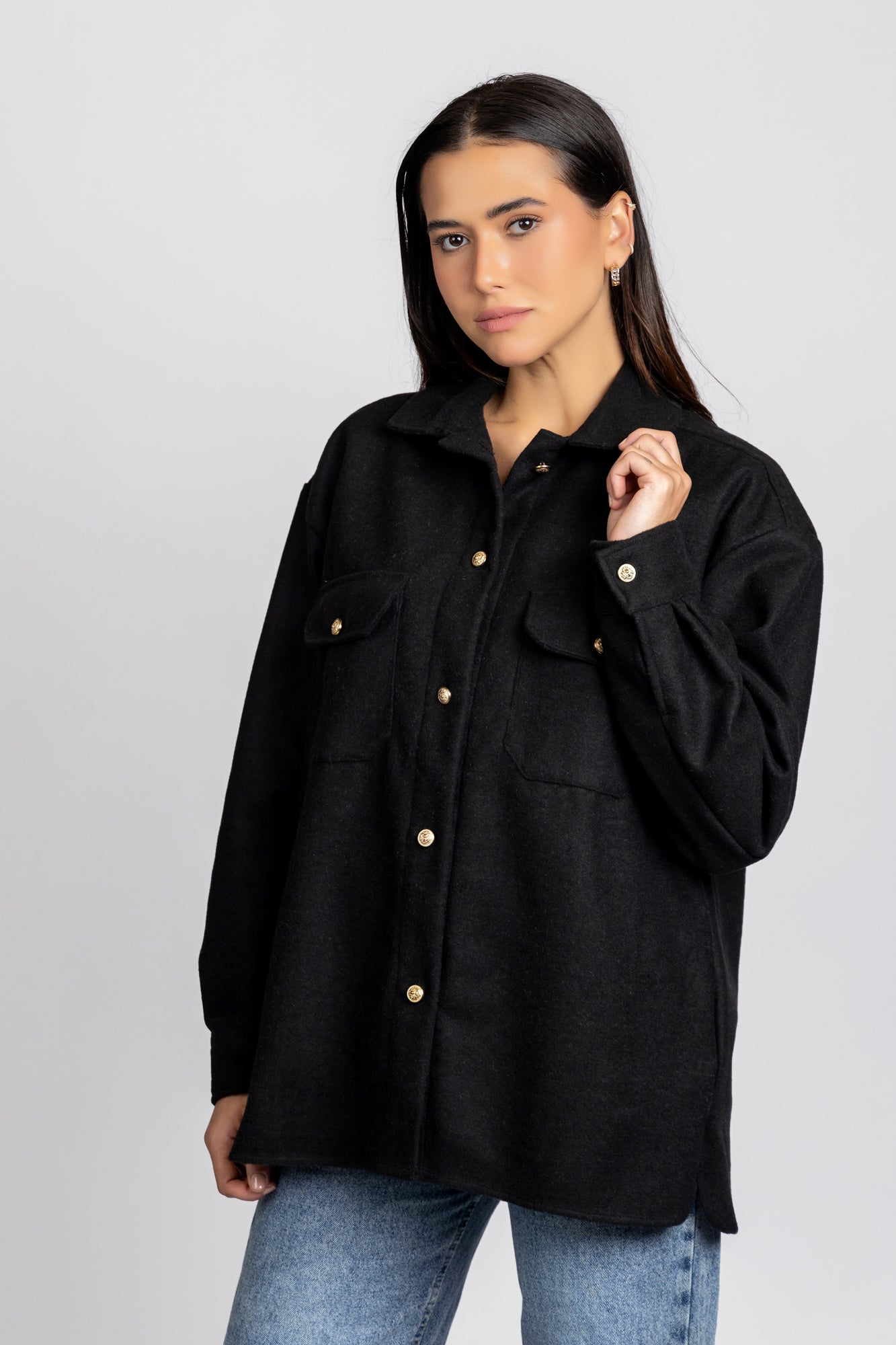 Brushed Overshirt with Flap Pockets Black