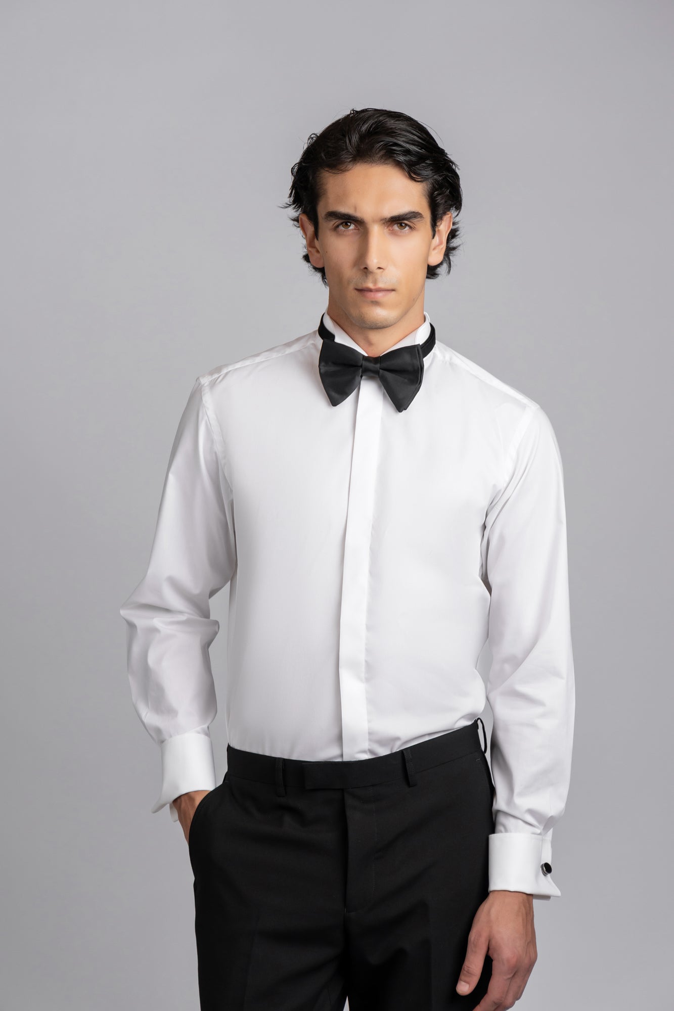 White Hidden Placket Tuxedo Stretch Shirt - Regular Fit