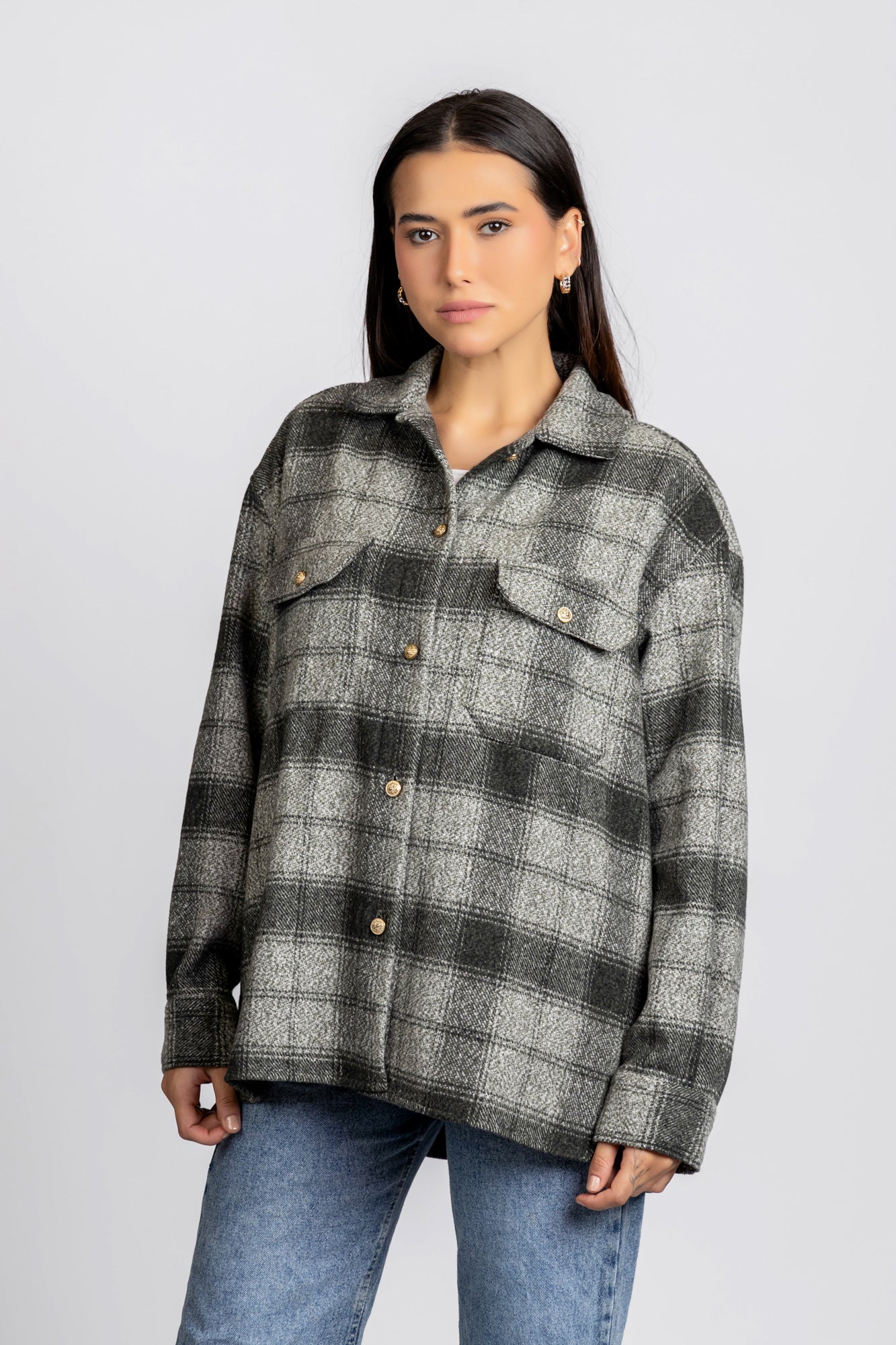 Brushed Checkered Overshirt with Flap Pockets Black