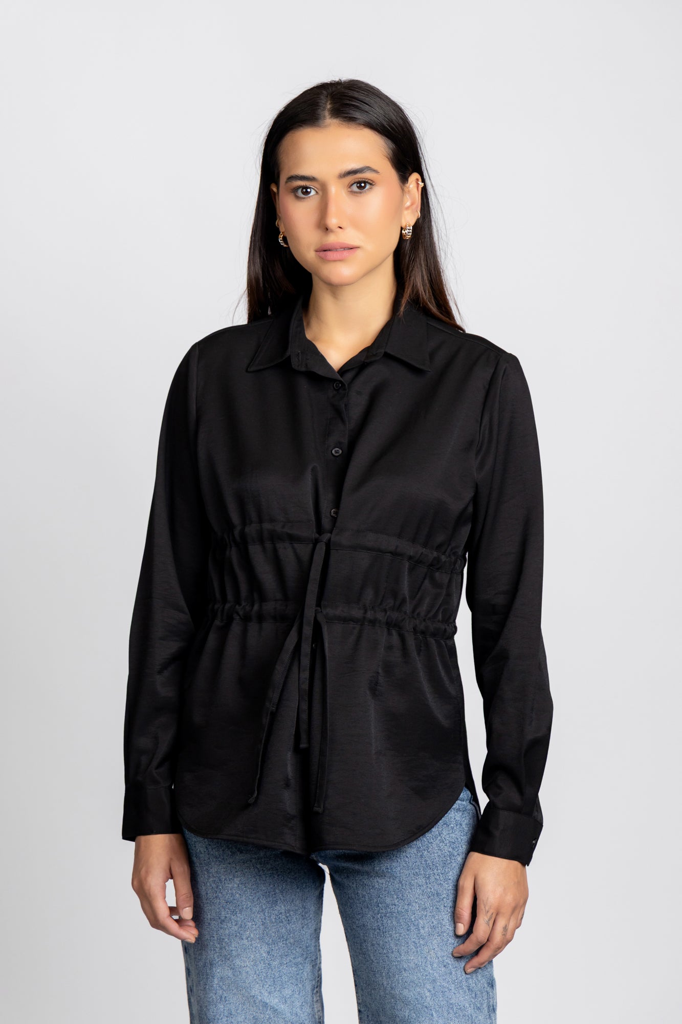 Black Viscose Waist Tie Shirt