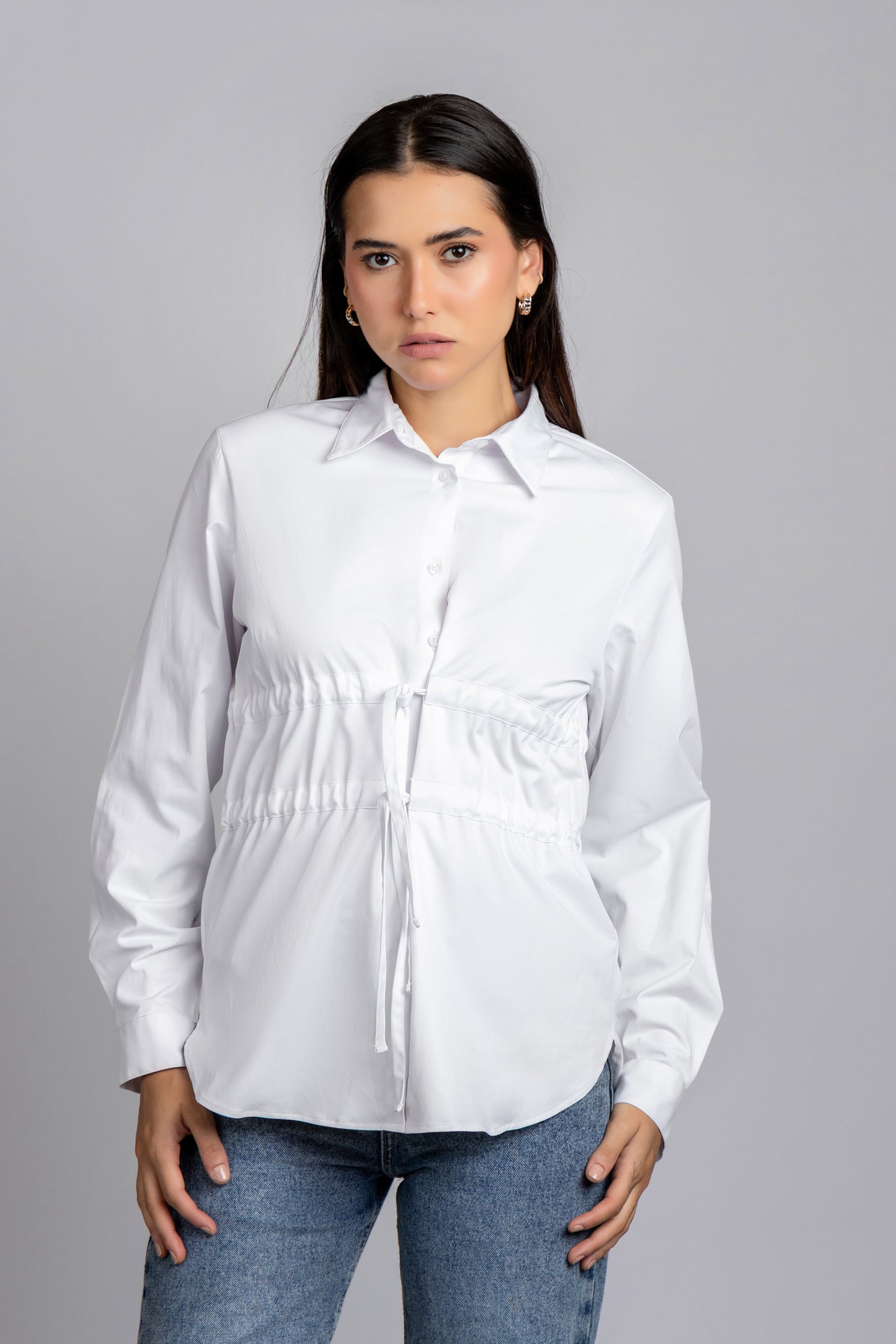 White Waist Tie Stretch Shirt
