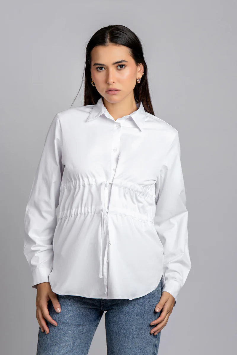 White Waist Tie Stretch Shirt