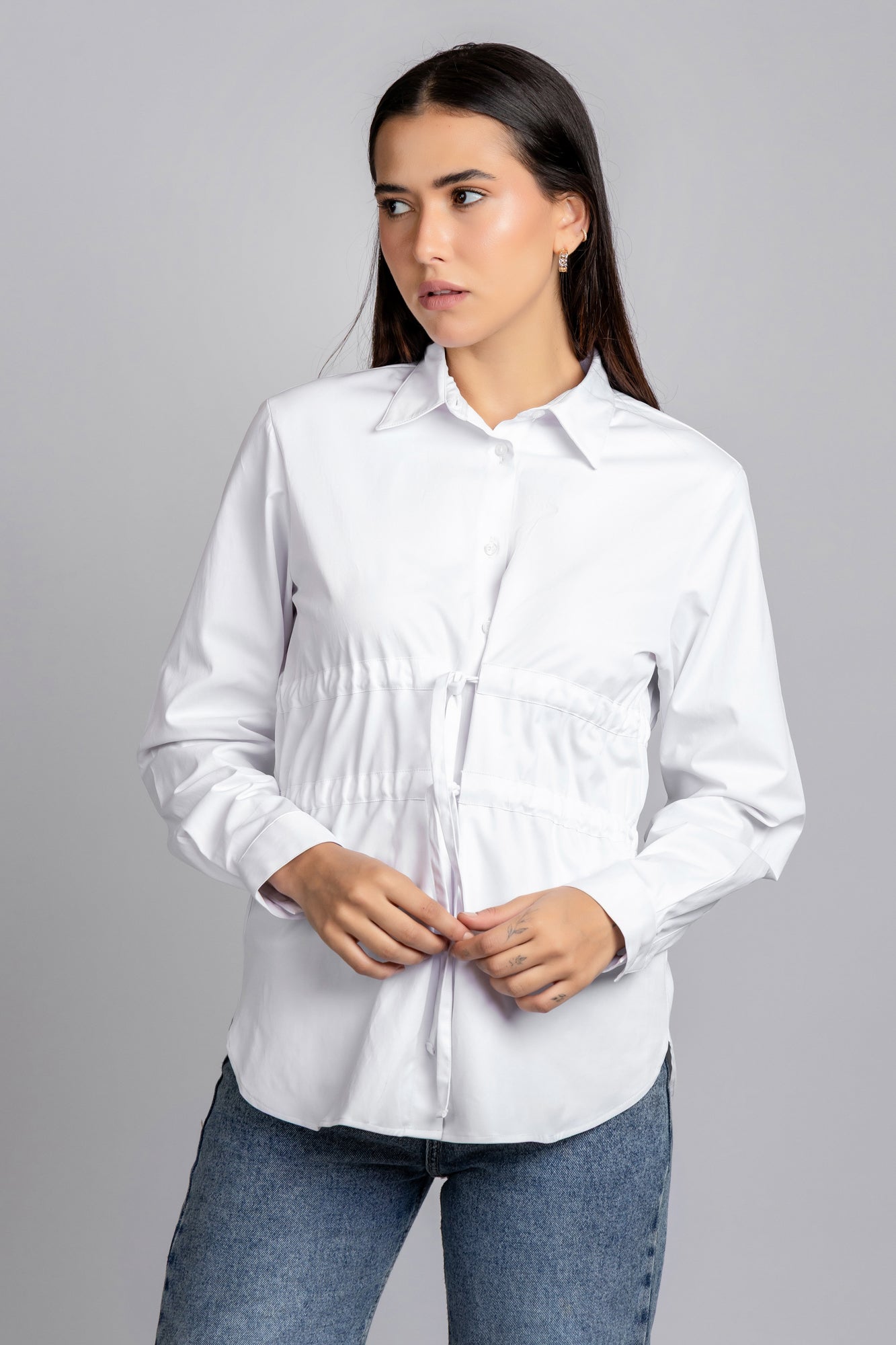 White Waist Tie Stretch Shirt