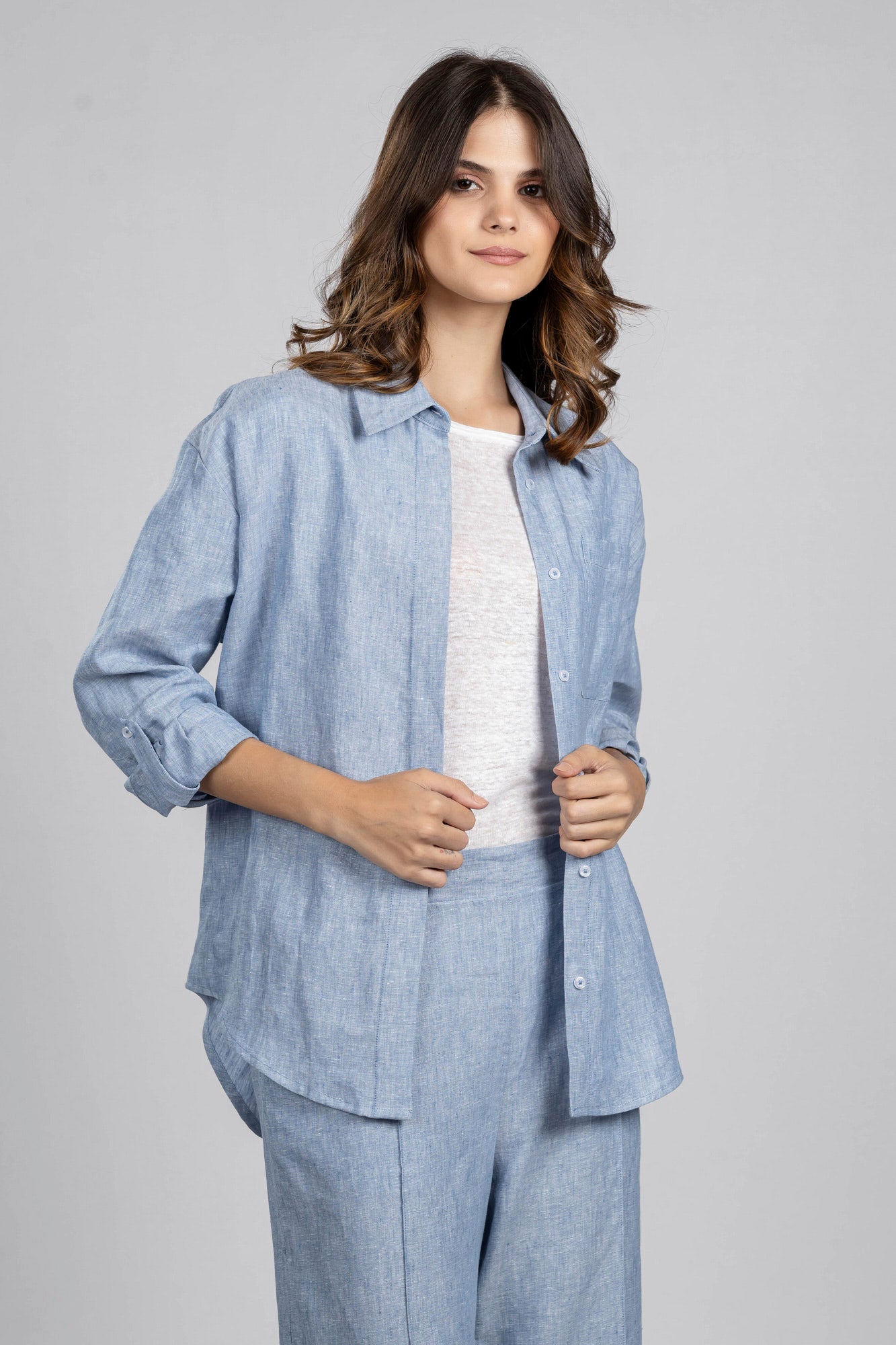 Light Blue Pure Linen Oversized Shirt