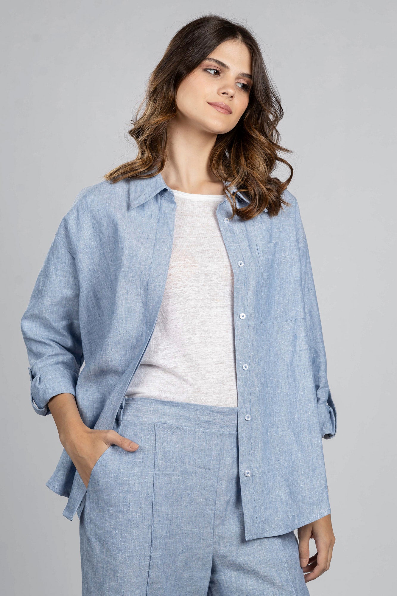 Light Blue Pure Linen Oversized Shirt