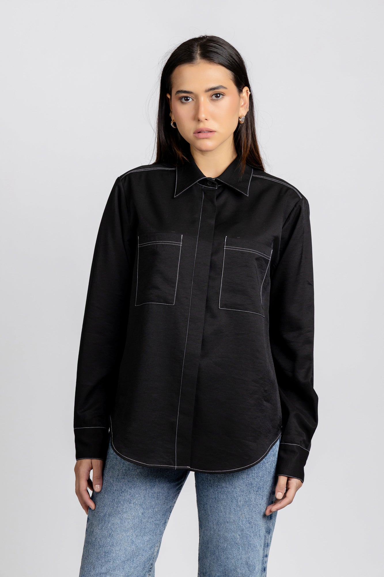 Black Viscose Contrast Shirt with Flap Pockets