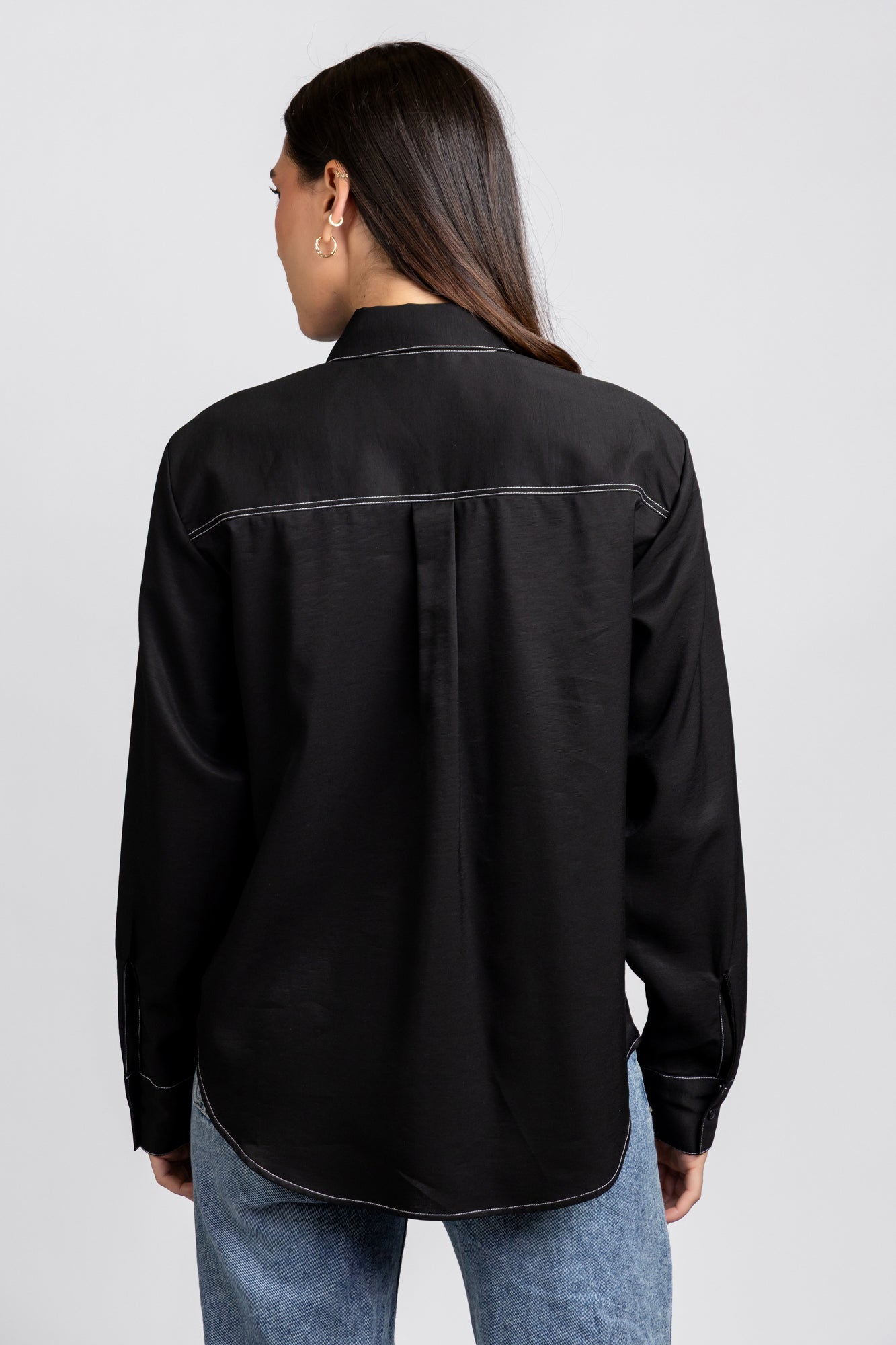 Black Viscose Contrast Shirt with Flap Pockets
