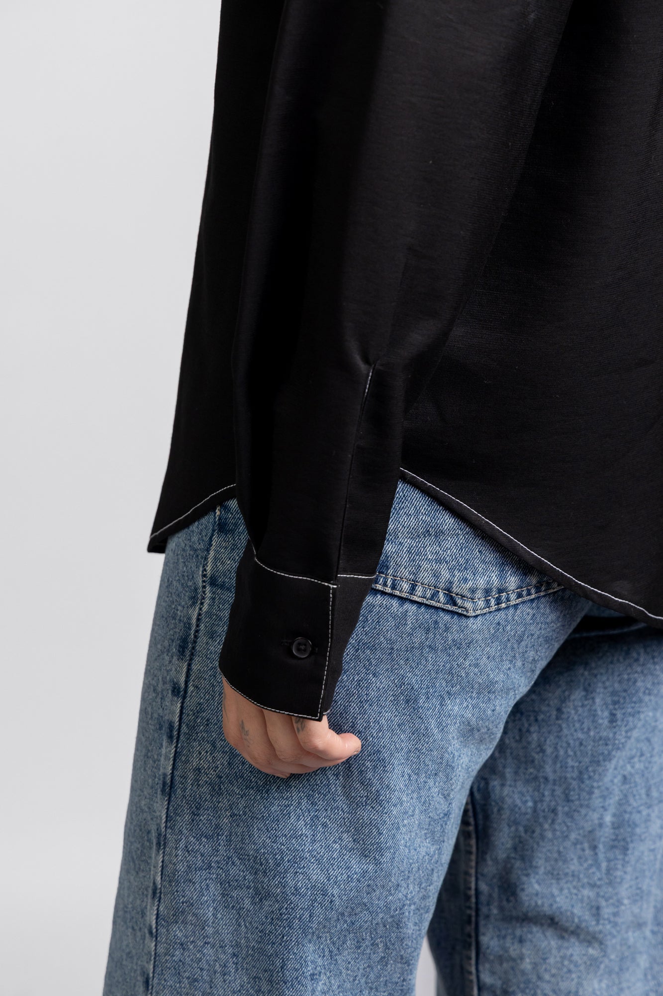 Black Viscose Contrast Shirt with Flap Pockets