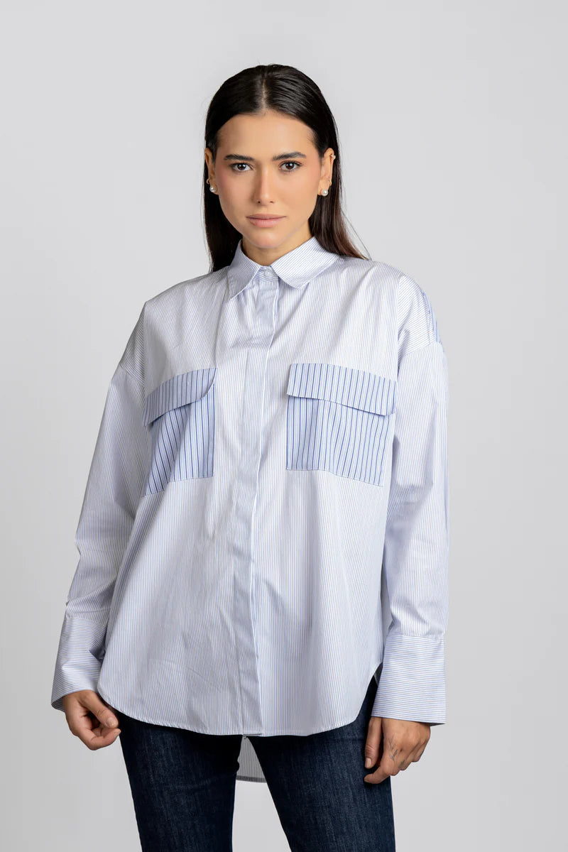 【WHITE】Patch work shirt Striped Patch-Work Shirt with Flap Pockets