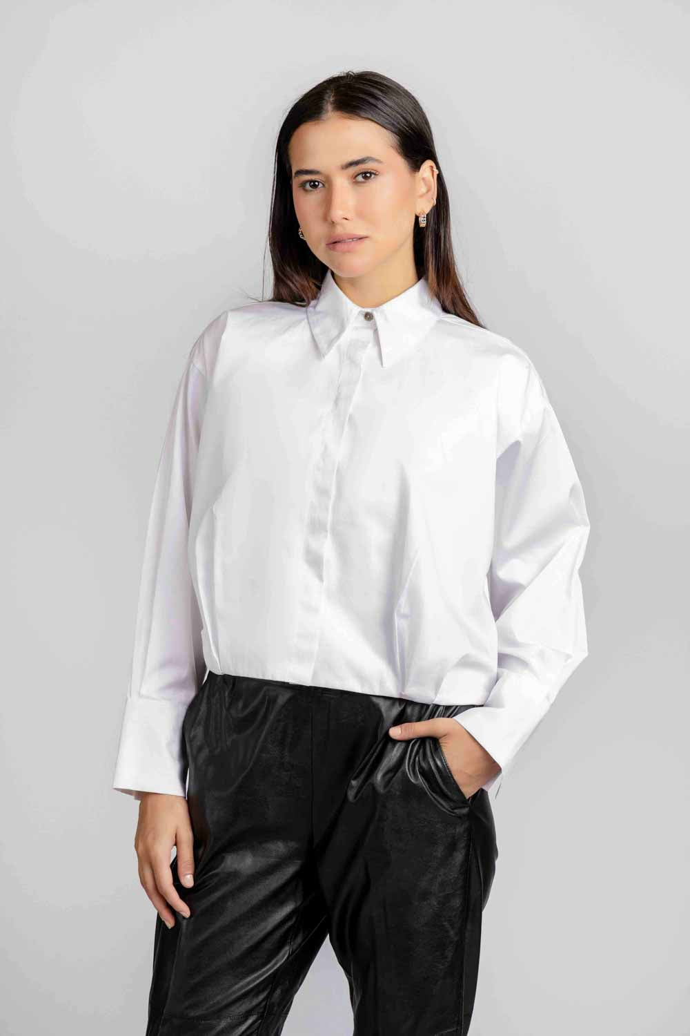 White Twill Fitted Cropped Shirt
