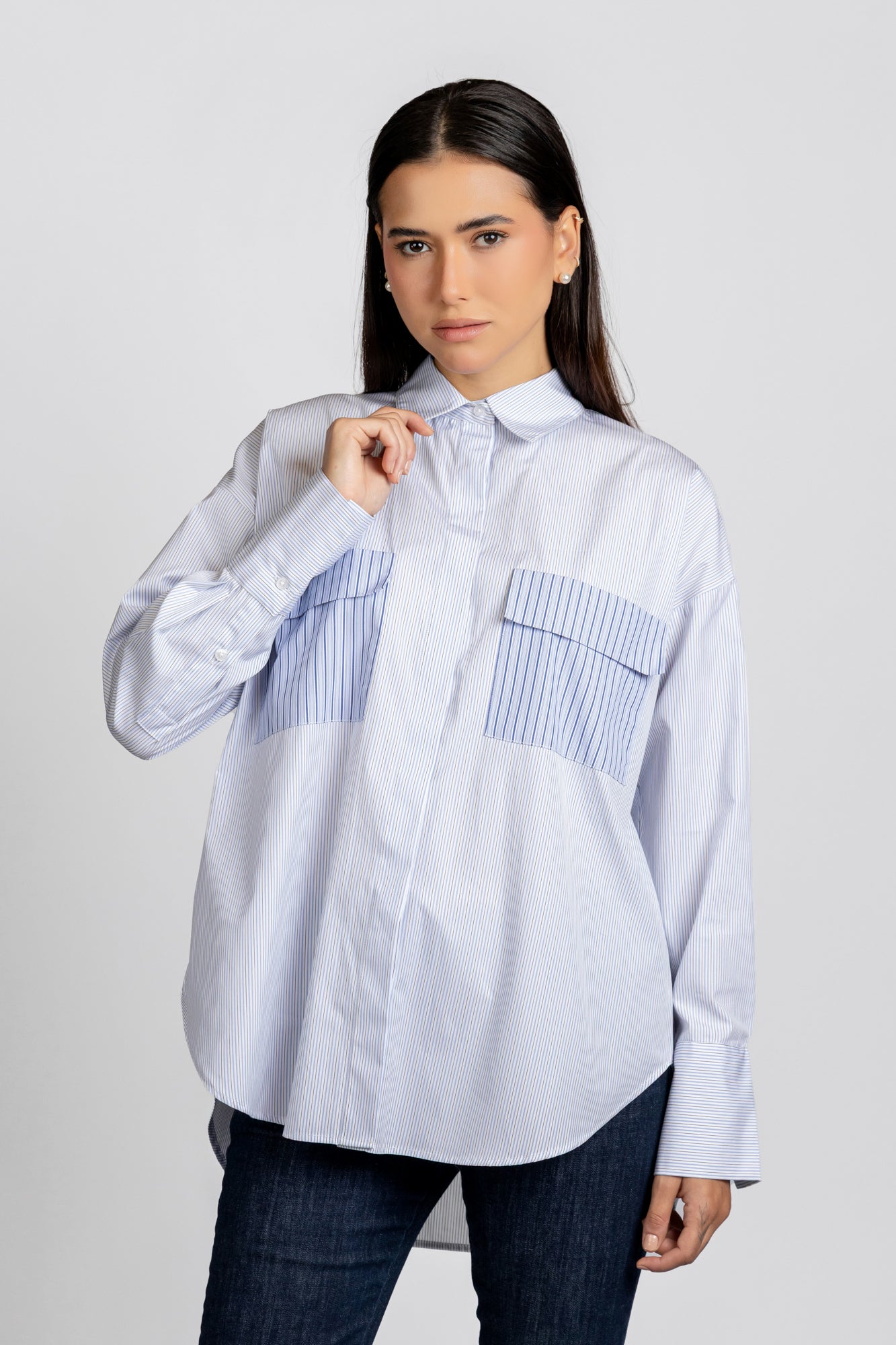 White Striped Patch-Work Shirt with Flap Pockets