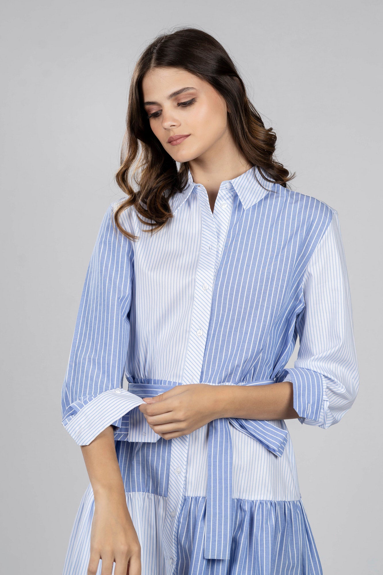 Light Blue Striped Patchwork Shirt Dress