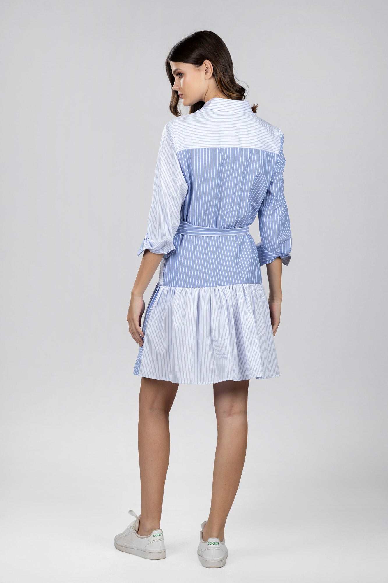 Light Blue Striped Patchwork Shirt Dress